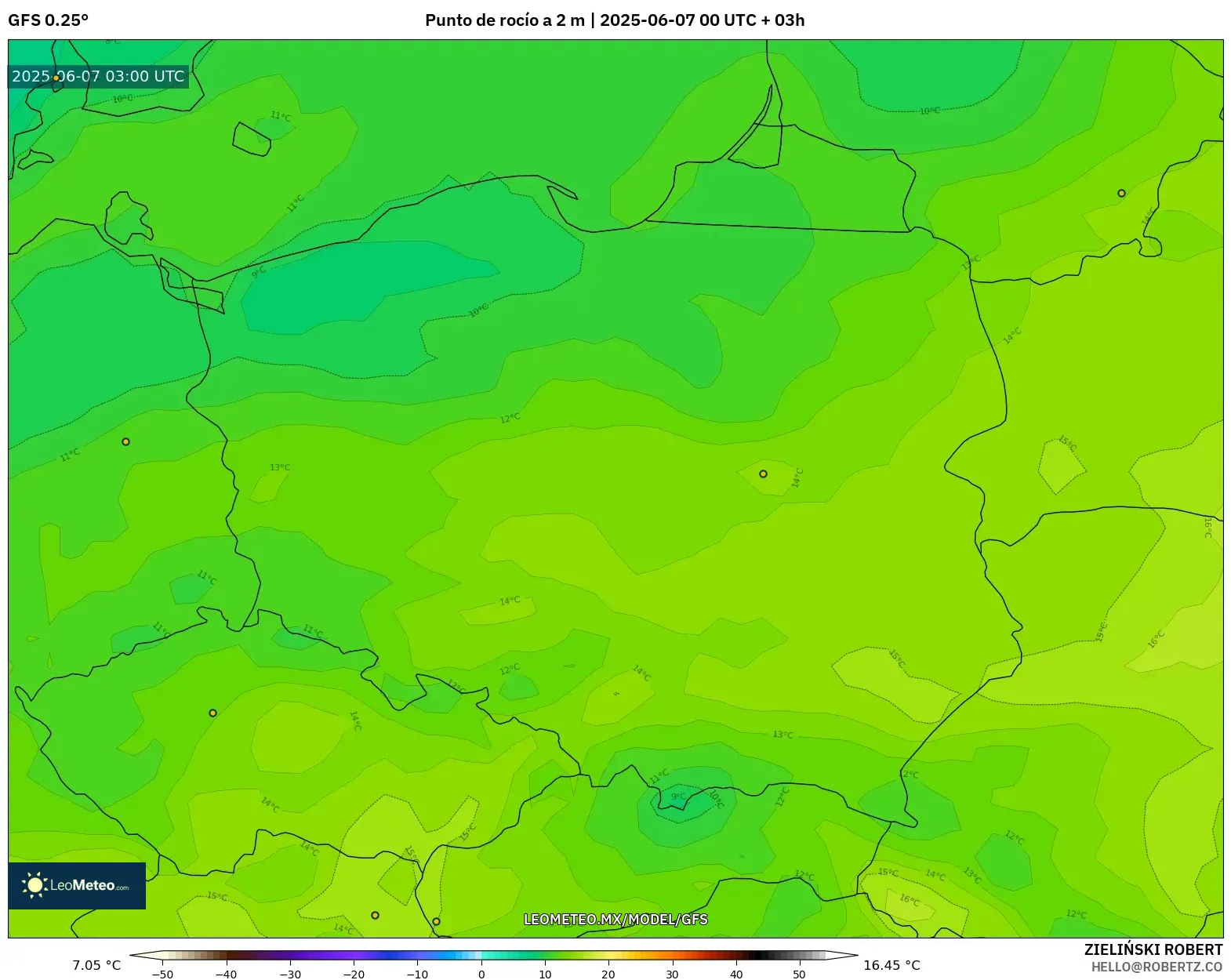 GFS model - Polonia, Punto de rocío a 2 m GFS model - Polonia, Punto de rocío a 2 m