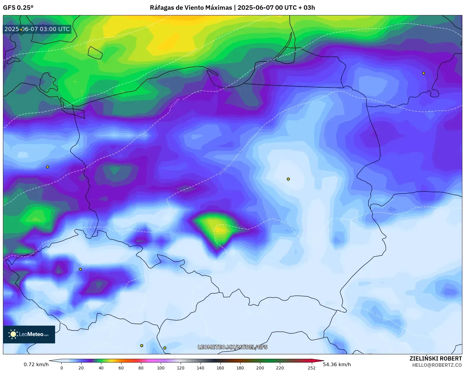 GFS model - Polonia, Ráfagas de Viento Máximas GFS model - Polonia, Ráfagas de Viento Máximas