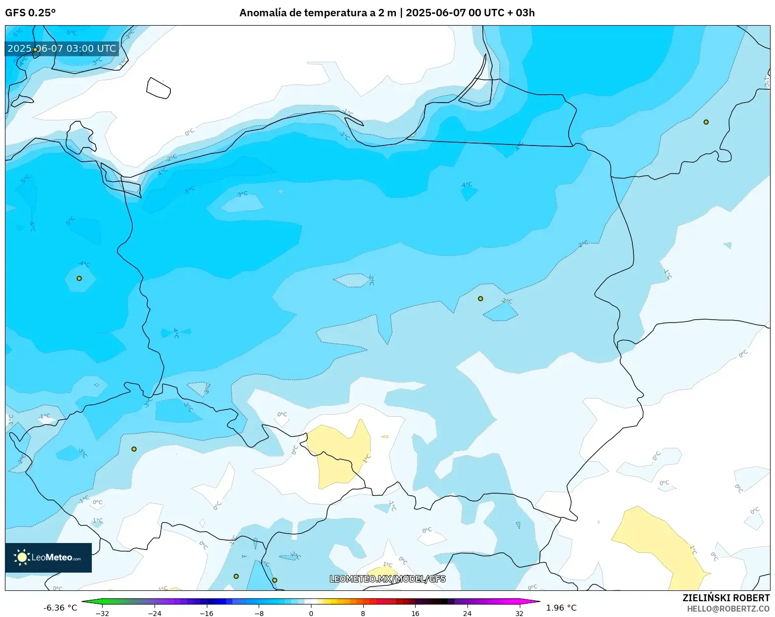 GFS model - Polonia, Anomalía de temperatura a 2 m GFS model - Polonia, Anomalía de temperatura a 2 m