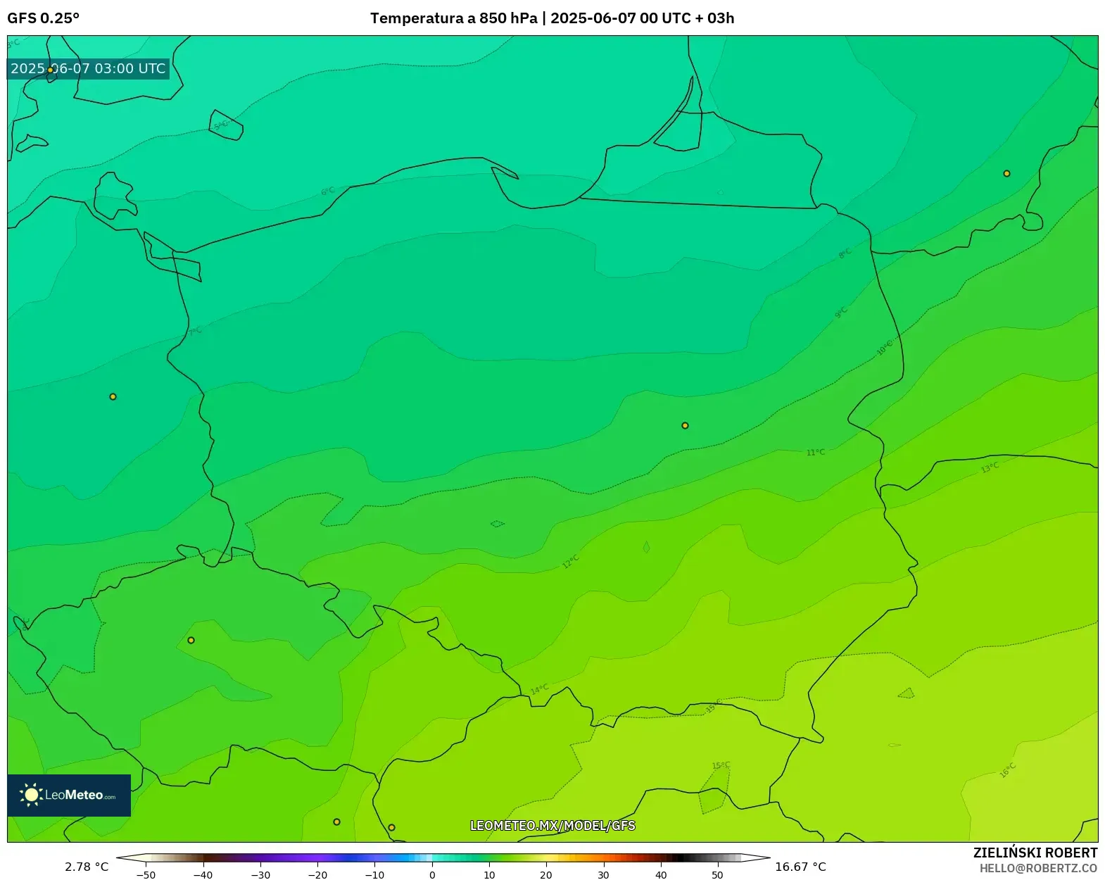 GFS model - Polonia, Temperatura a 850 hPa GFS model - Polonia, Temperatura a 850 hPa