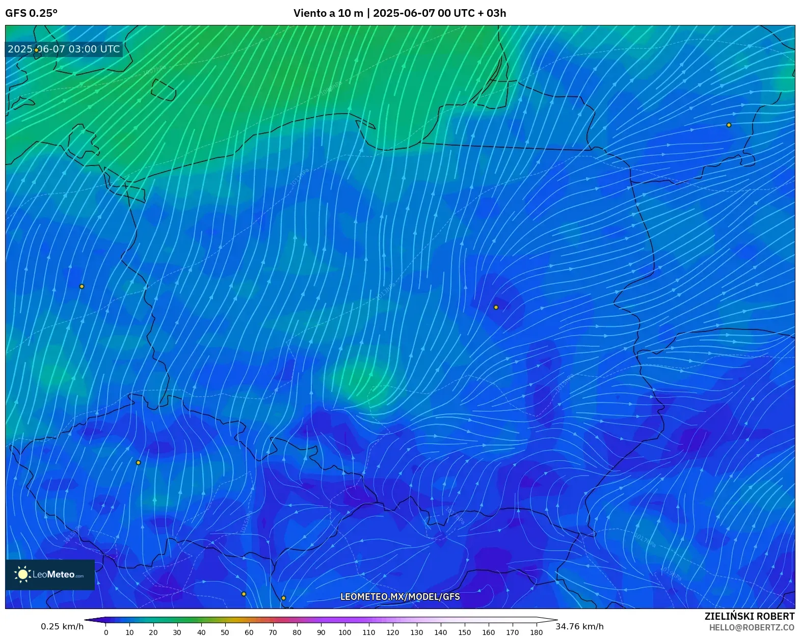 GFS model - Polonia, Viento a 10 m GFS model - Polonia, Viento a 10 m