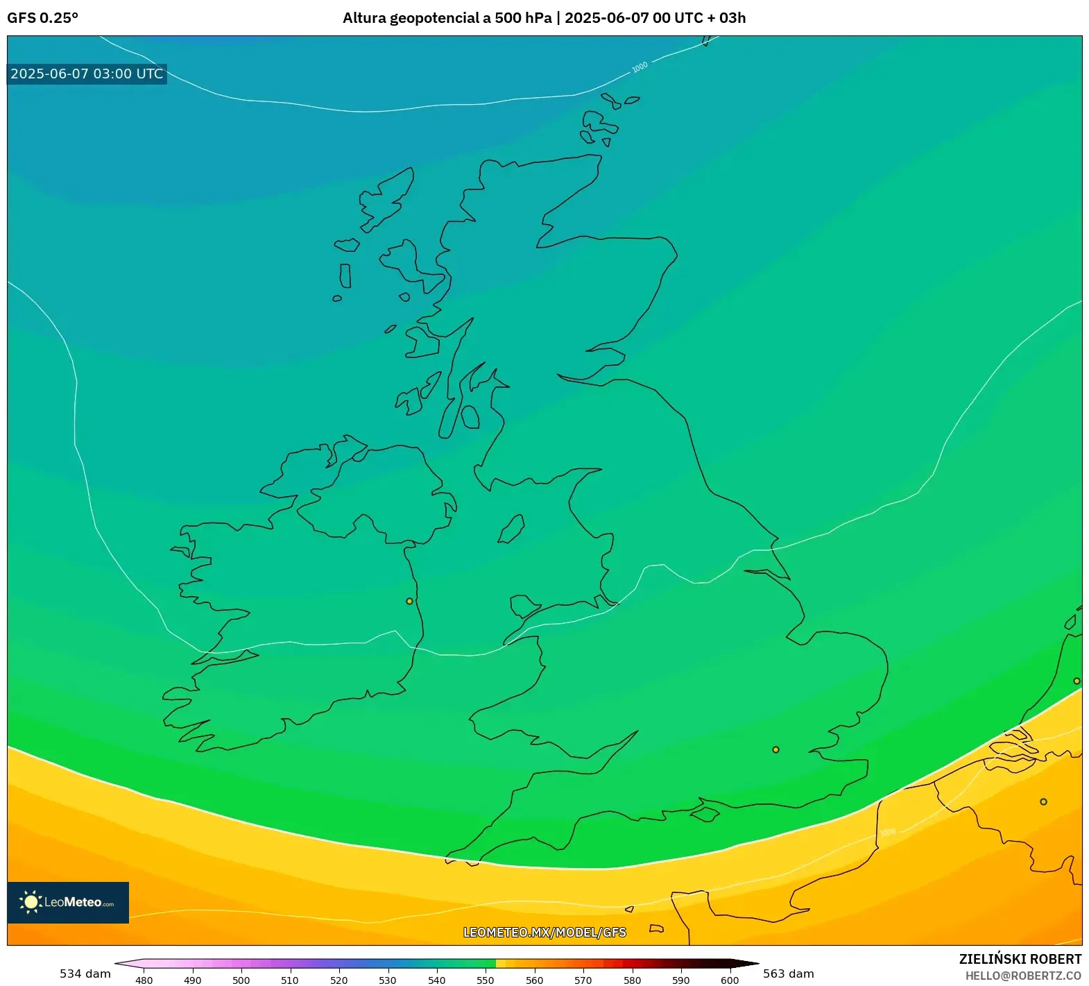 GFS model - Reino Unido, Altura geopotencial a 500 hPa GFS model - Reino Unido, Altura geopotencial a 500 hPa