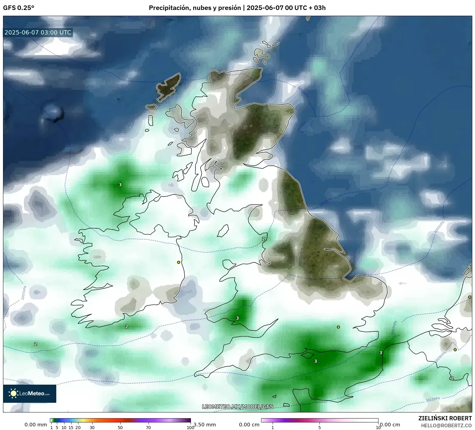 GFS model - Reino Unido, Precipitación, nubes y presión GFS model - Reino Unido, Precipitación, nubes y presión