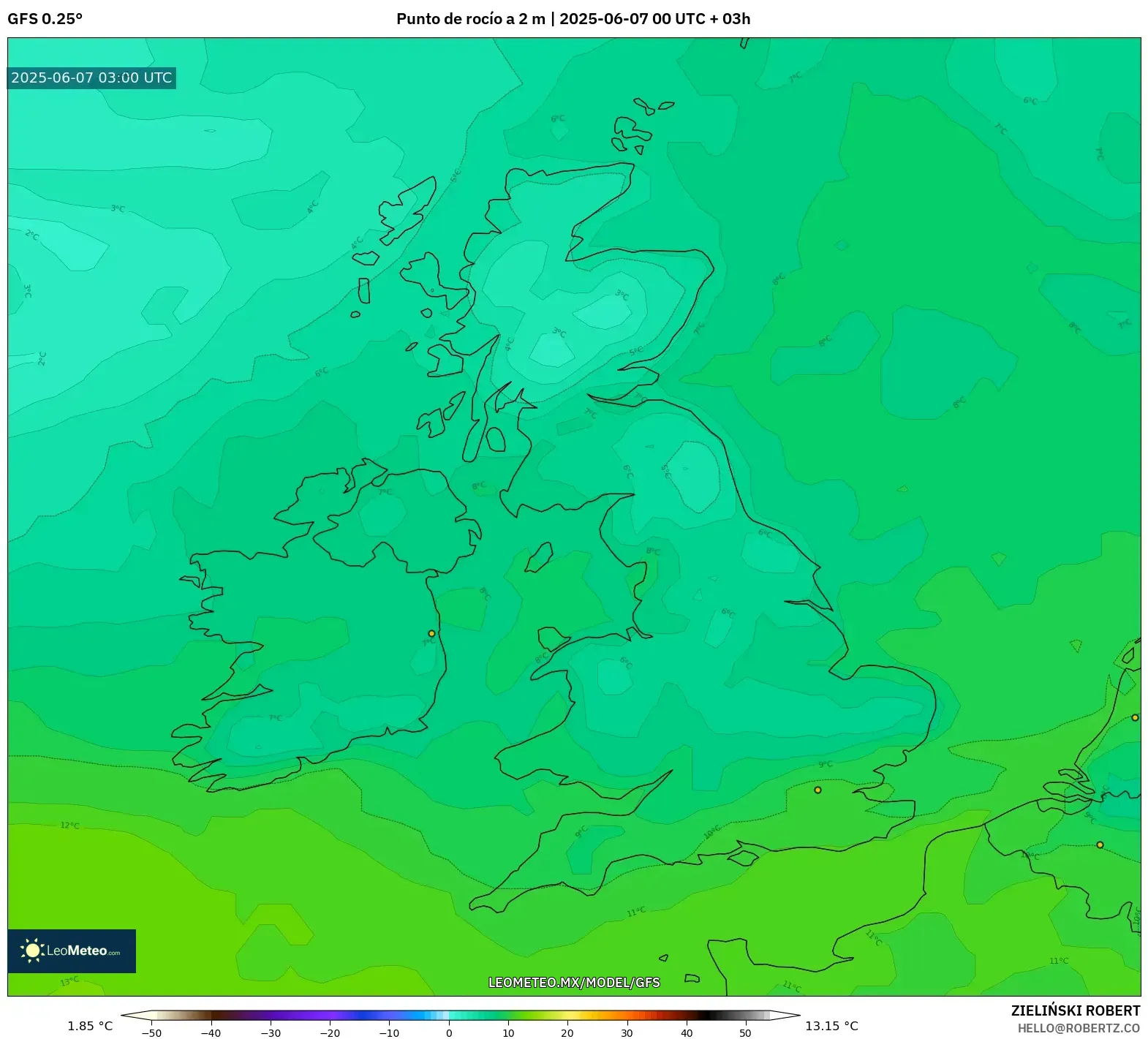 GFS model - Reino Unido, Punto de rocío a 2 m