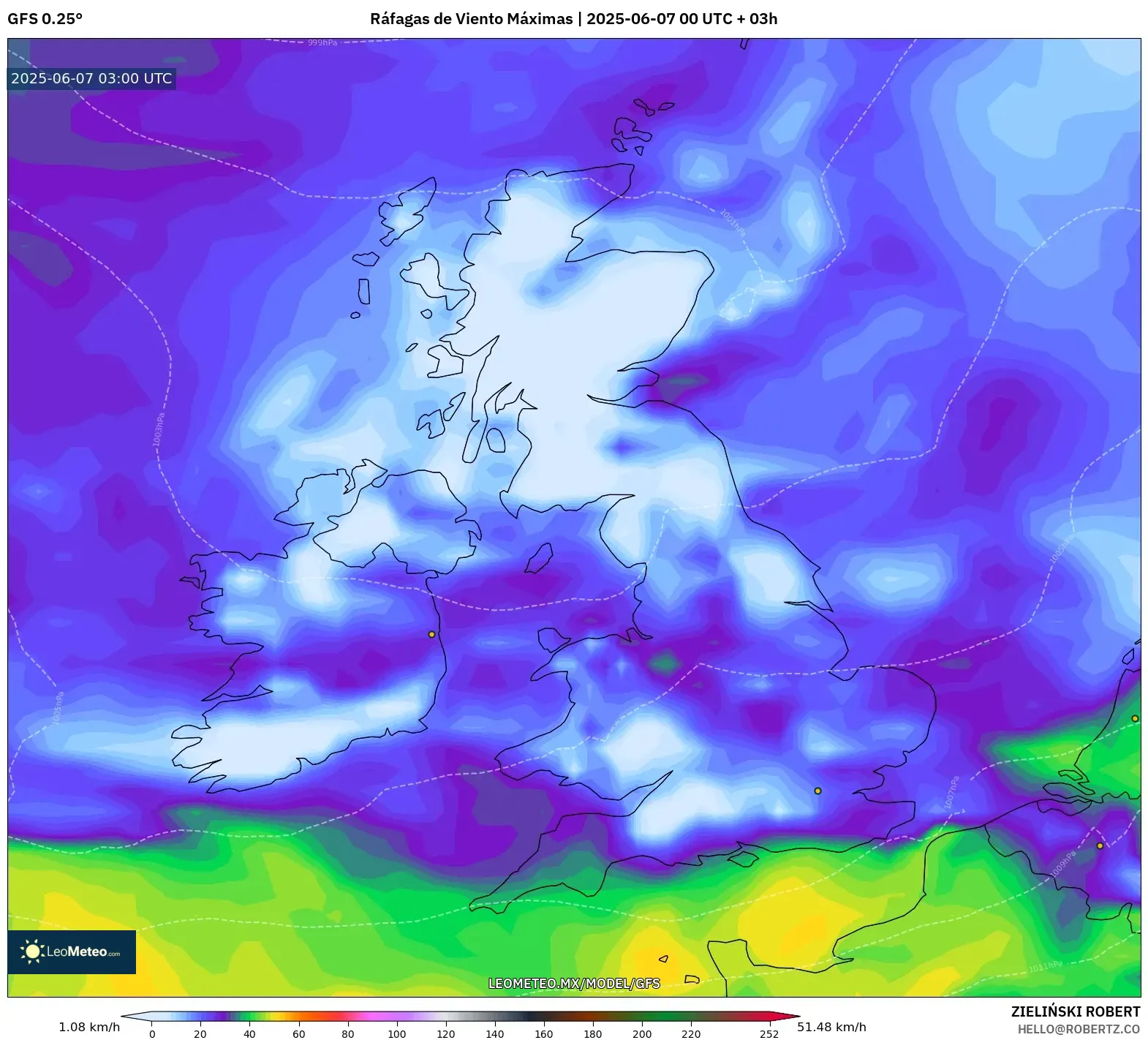 GFS model - Reino Unido, Ráfagas de Viento Máximas GFS model - Reino Unido, Ráfagas de Viento Máximas