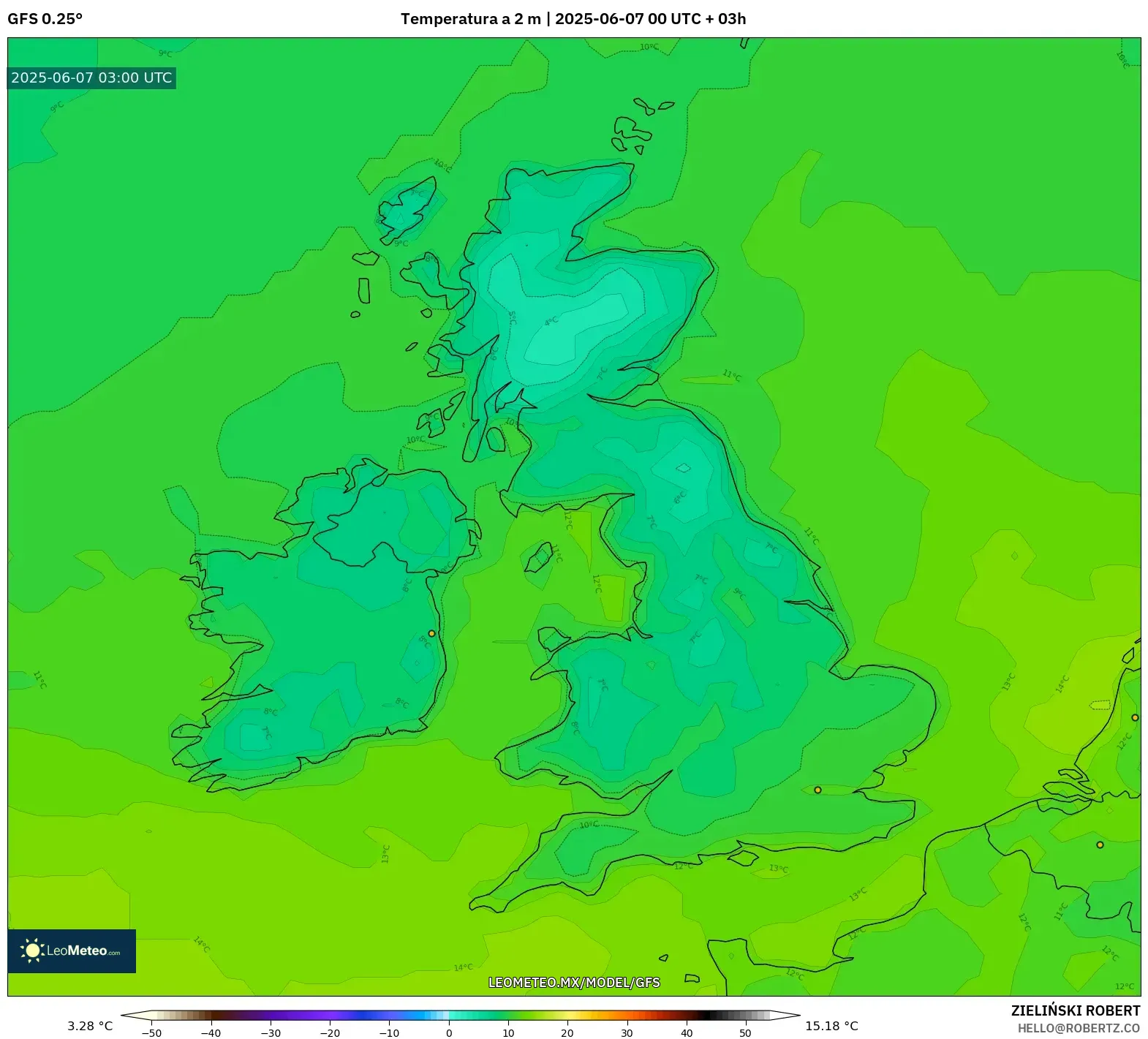 GFS model - Reino Unido, Temperatura a 2 m