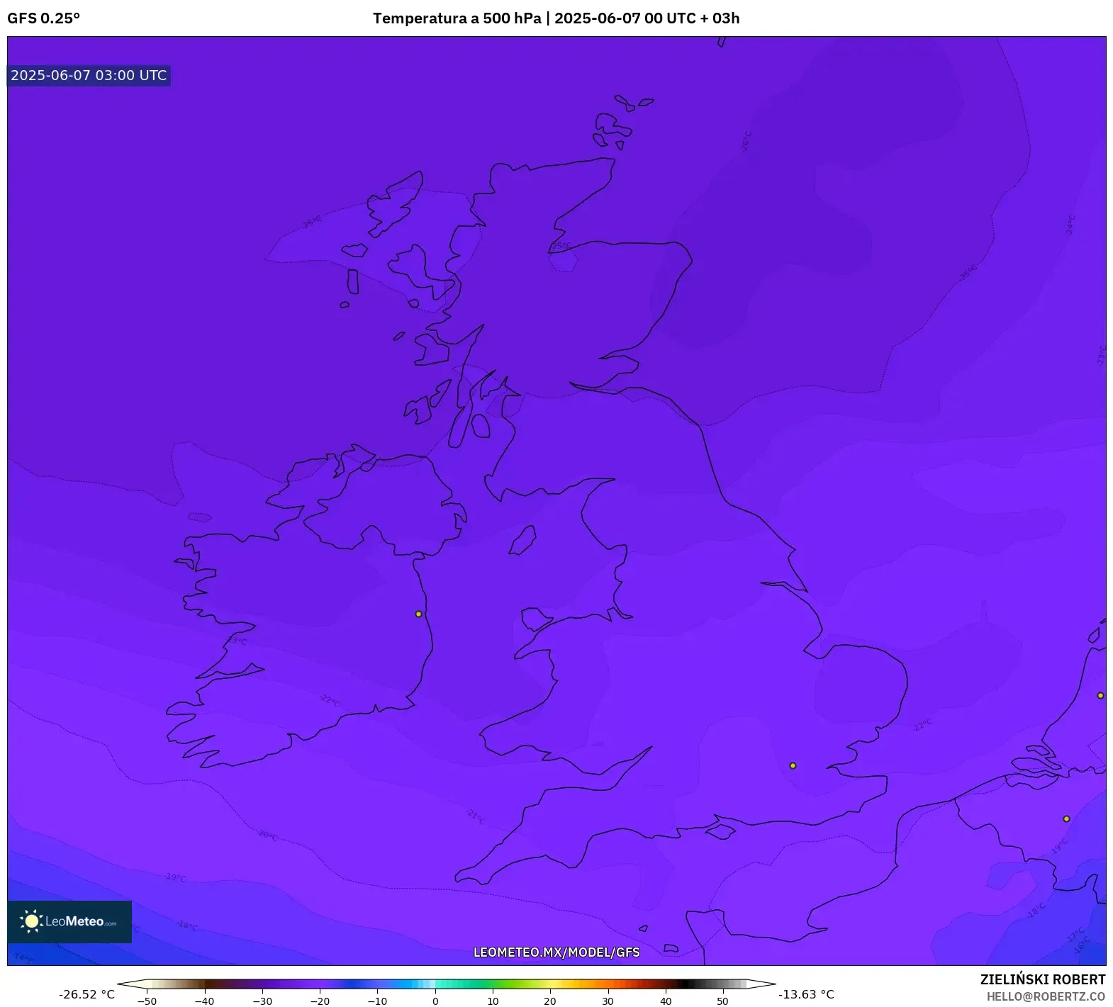 GFS model - Reino Unido, Temperatura a 500 hPa GFS model - Reino Unido, Temperatura a 500 hPa