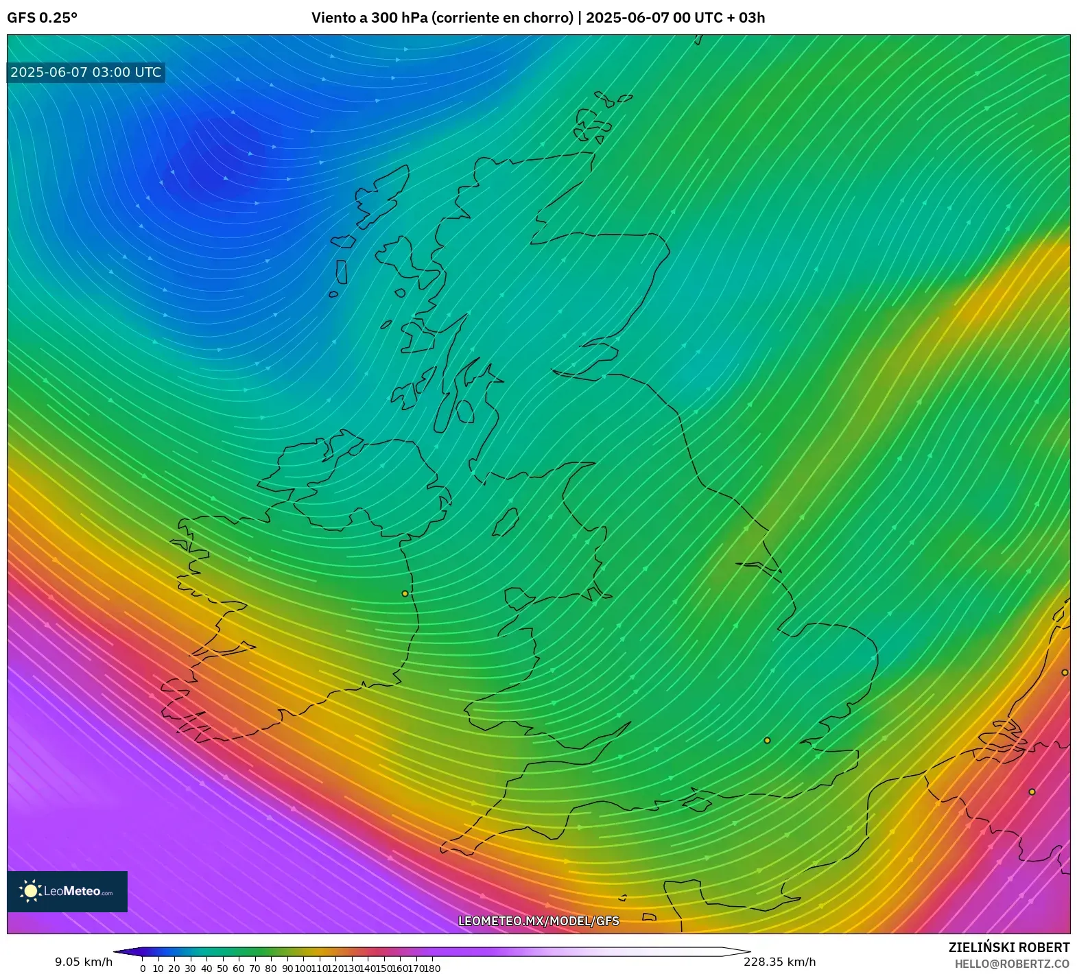 GFS model - Reino Unido, Viento a 300 hPa (corriente en chorro) GFS model - Reino Unido, Viento a 300 hPa (corriente en chorro)