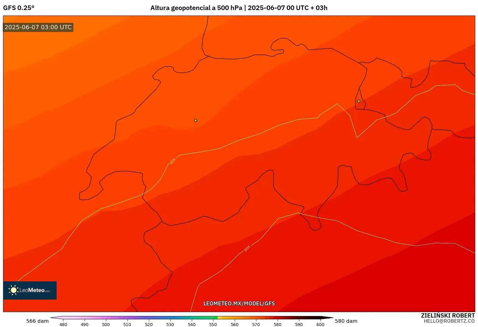GFS model - Suiza, Altura geopotencial a 500 hPa