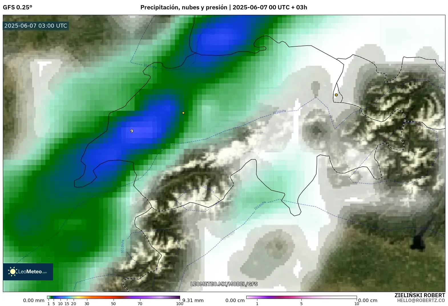 GFS model - Suiza, Precipitación, nubes y presión GFS model - Suiza, Precipitación, nubes y presión