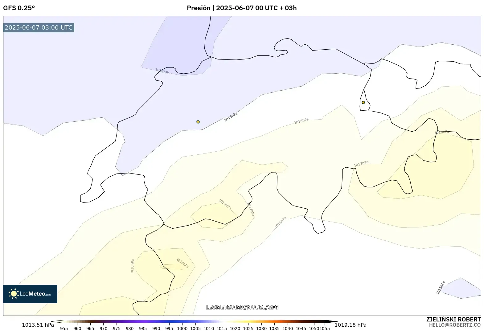 GFS model - Suiza, Presión GFS model - Suiza, Presión