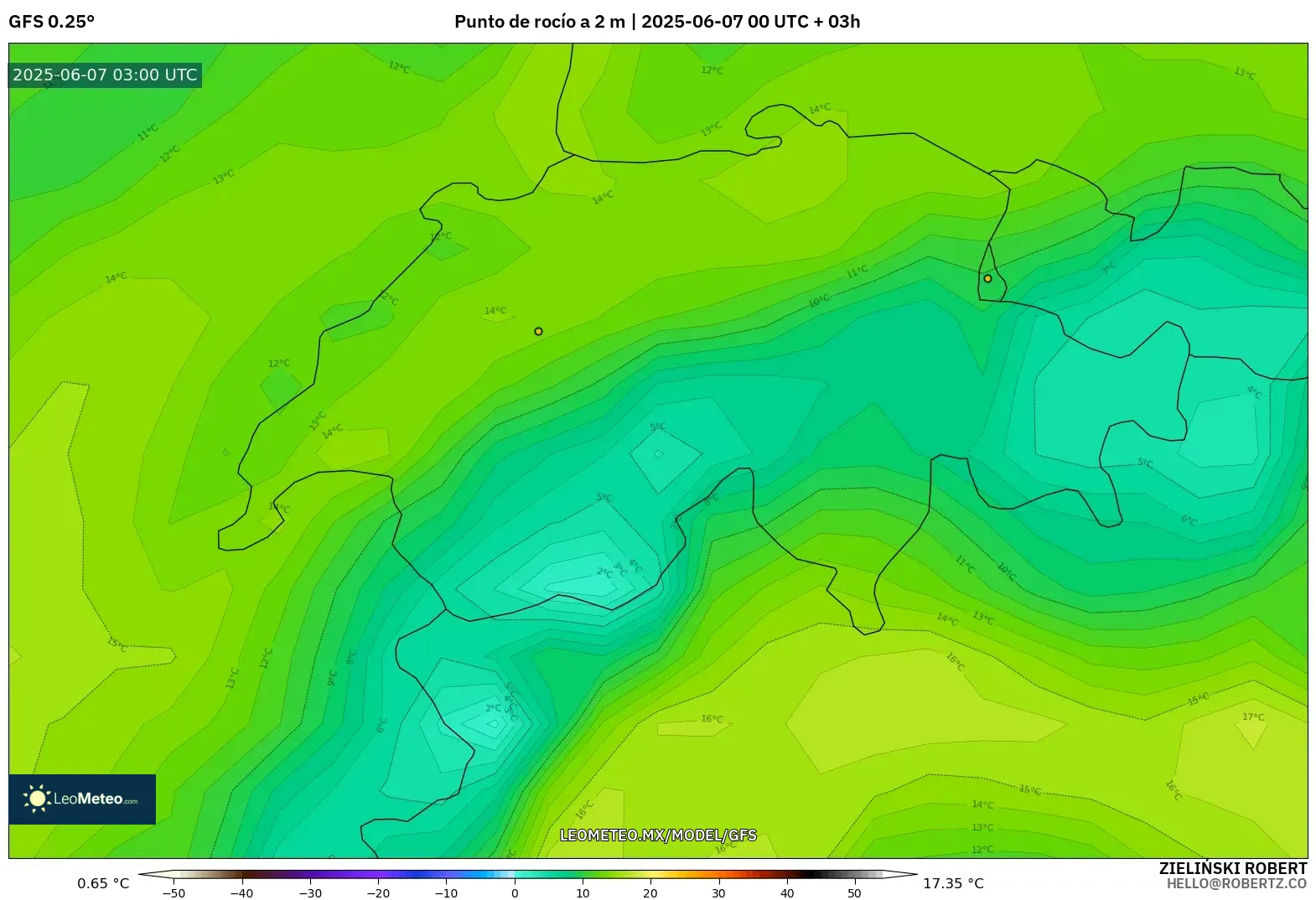 GFS model - Suiza, Punto de rocío a 2 m GFS model - Suiza, Punto de rocío a 2 m