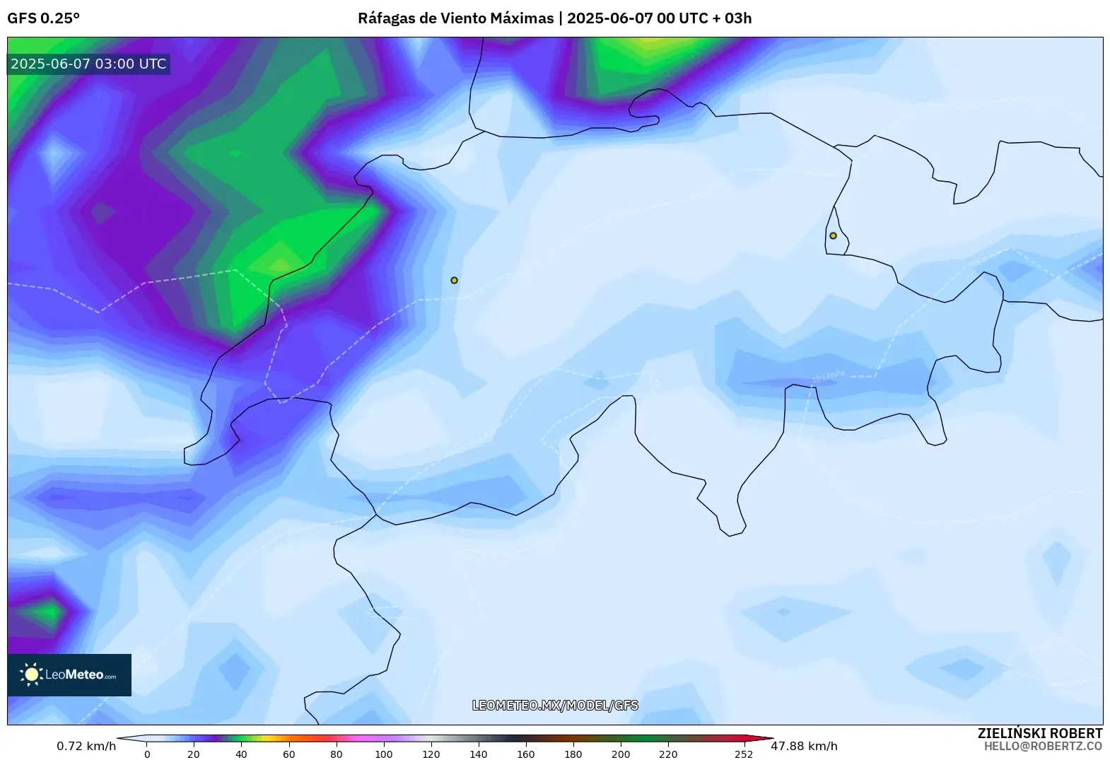 GFS model - Suiza, Ráfagas de Viento Máximas