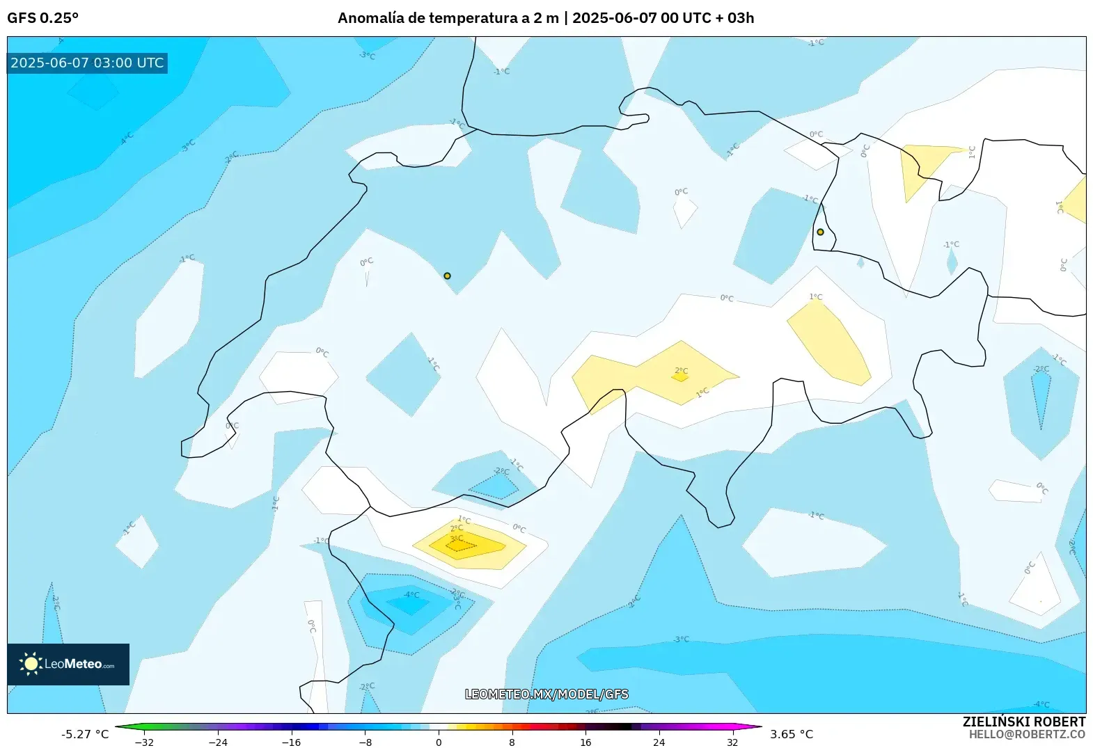 GFS model - Suiza, Anomalía de temperatura a 2 m GFS model - Suiza, Anomalía de temperatura a 2 m
