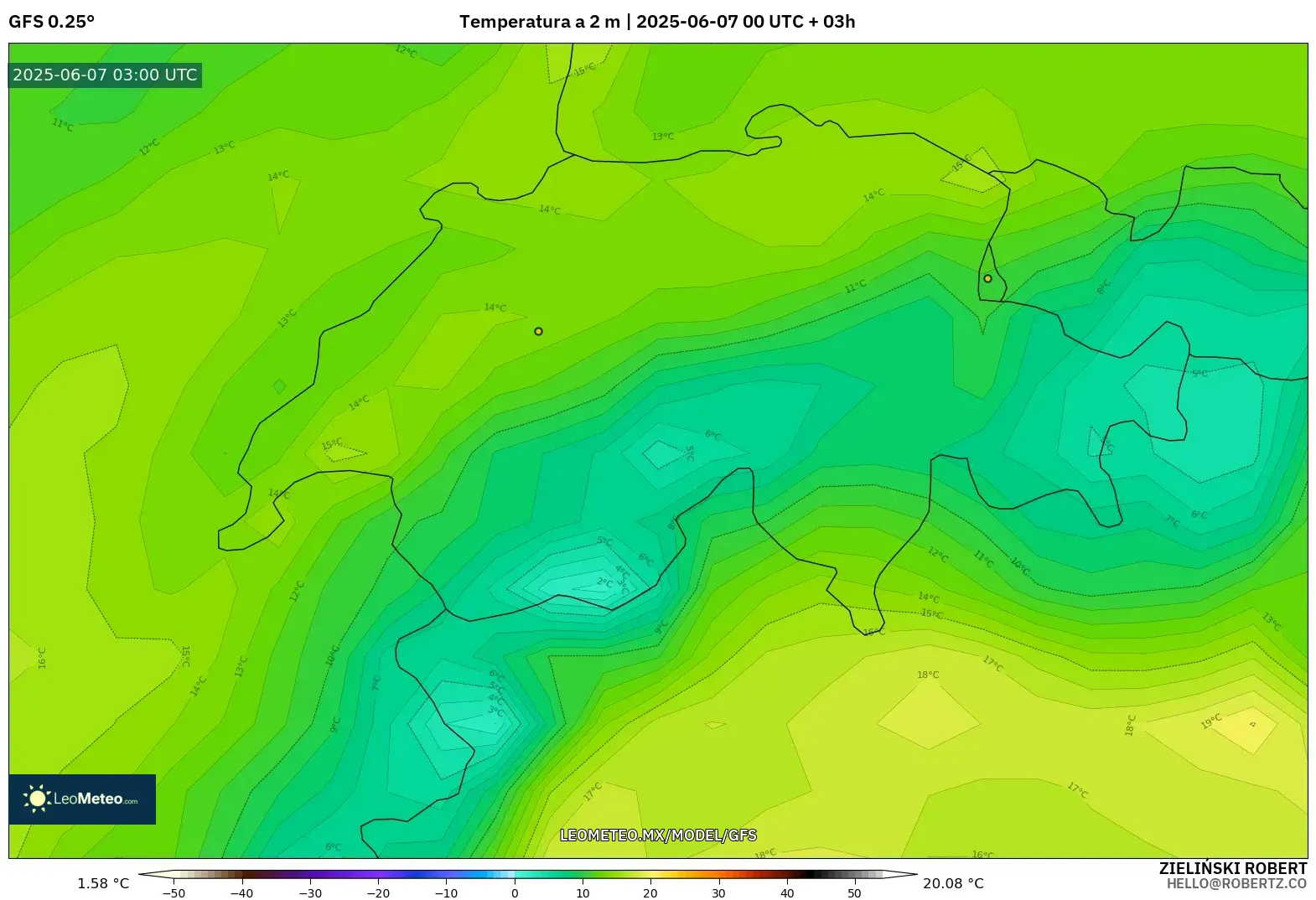 GFS model - Suiza, Temperatura a 2 m