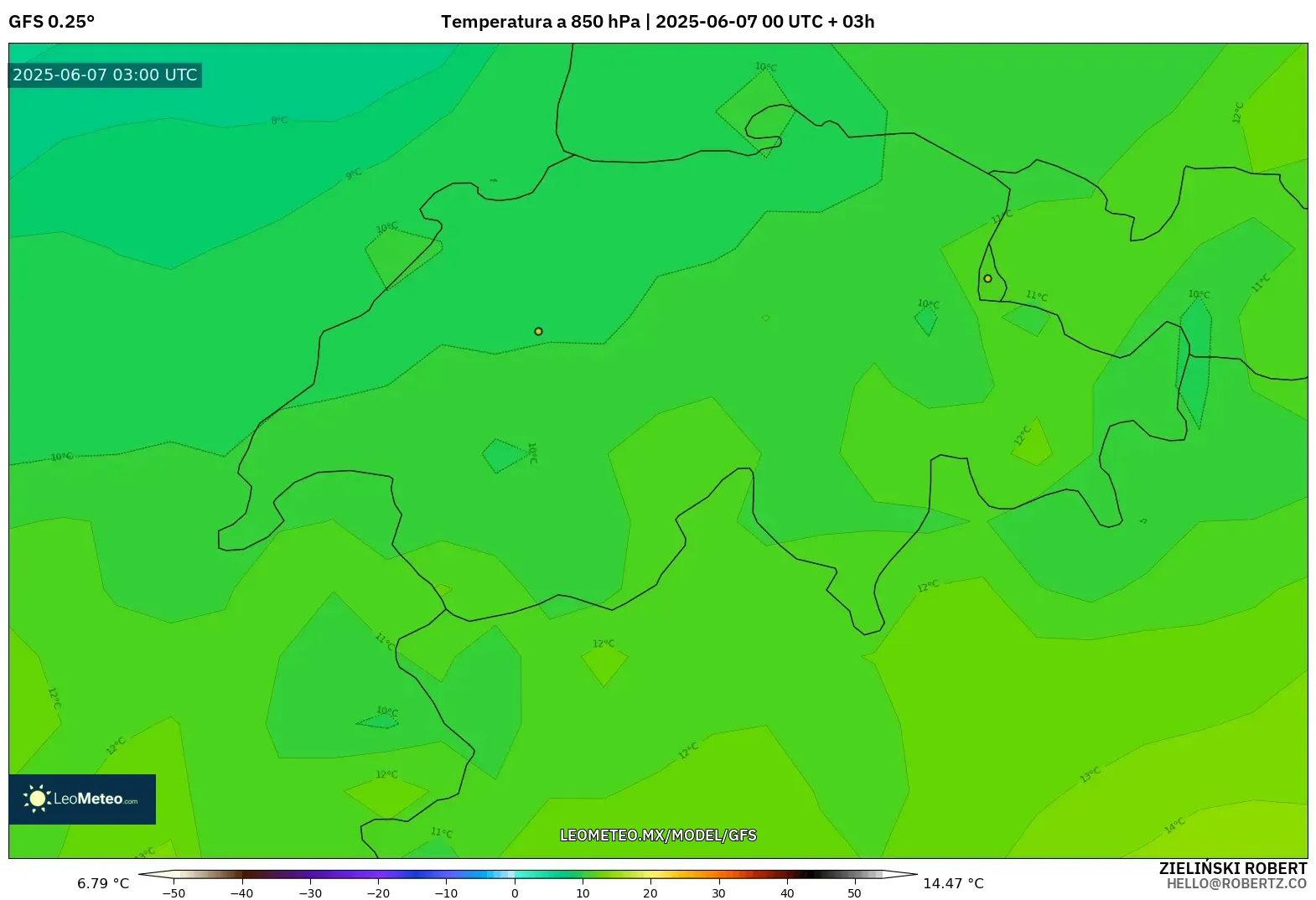 GFS model - Suiza, Temperatura a 850 hPa GFS model - Suiza, Temperatura a 850 hPa