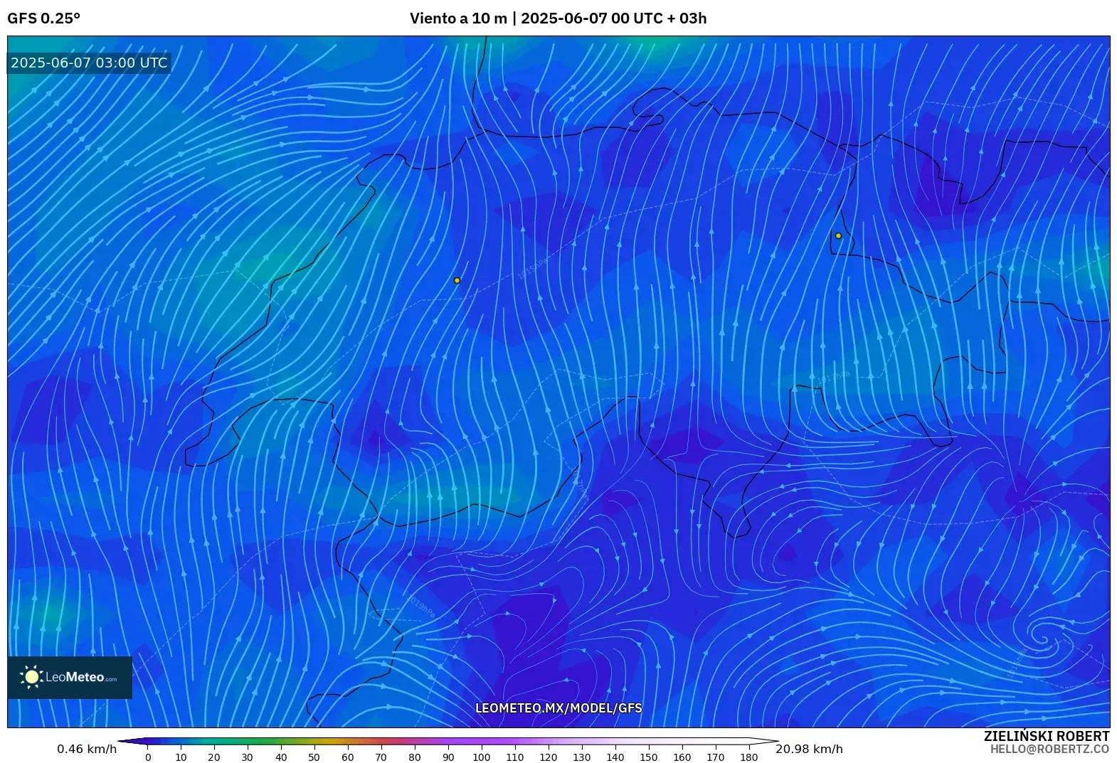 GFS model - Suiza, Viento a 10 m GFS model - Suiza, Viento a 10 m