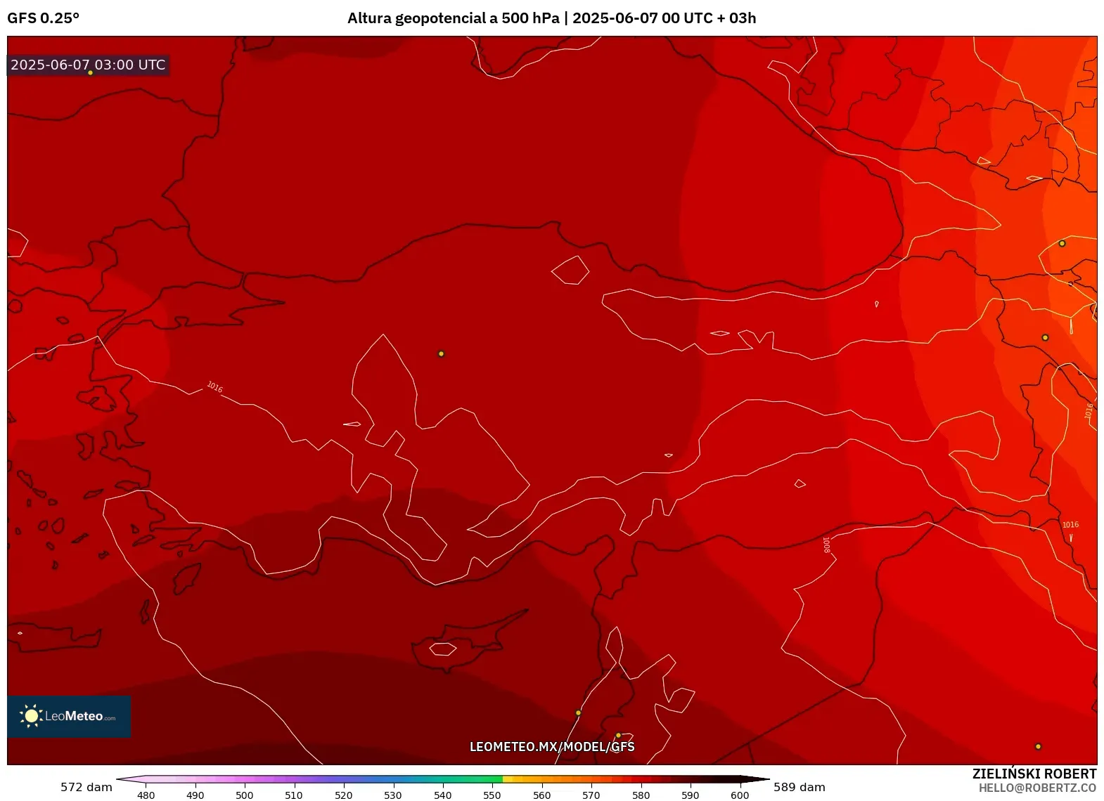 GFS model - Turquía, Altura geopotencial a 500 hPa