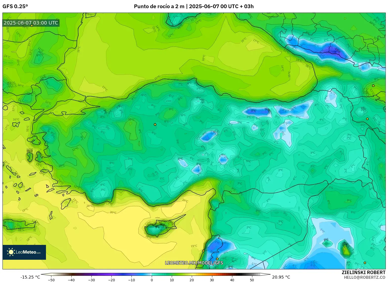 GFS model - Turquía, Punto de rocío a 2 m GFS model - Turquía, Punto de rocío a 2 m