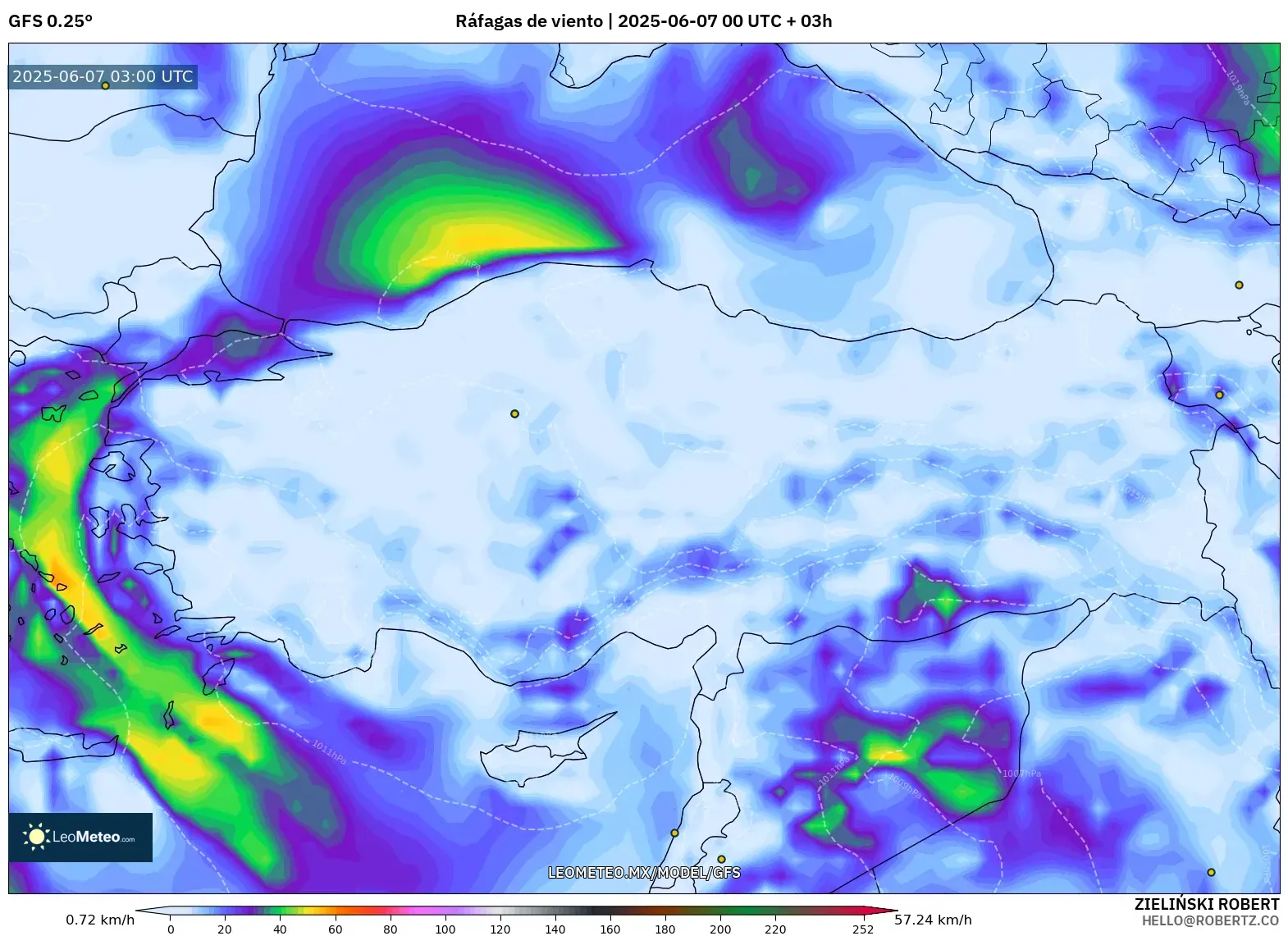 GFS model - Turquía, Ráfagas de viento GFS model - Turquía, Ráfagas de viento