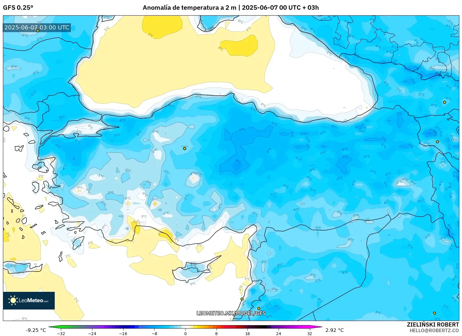 GFS model - Turquía, Anomalía de temperatura a 2 m GFS model - Turquía, Anomalía de temperatura a 2 m