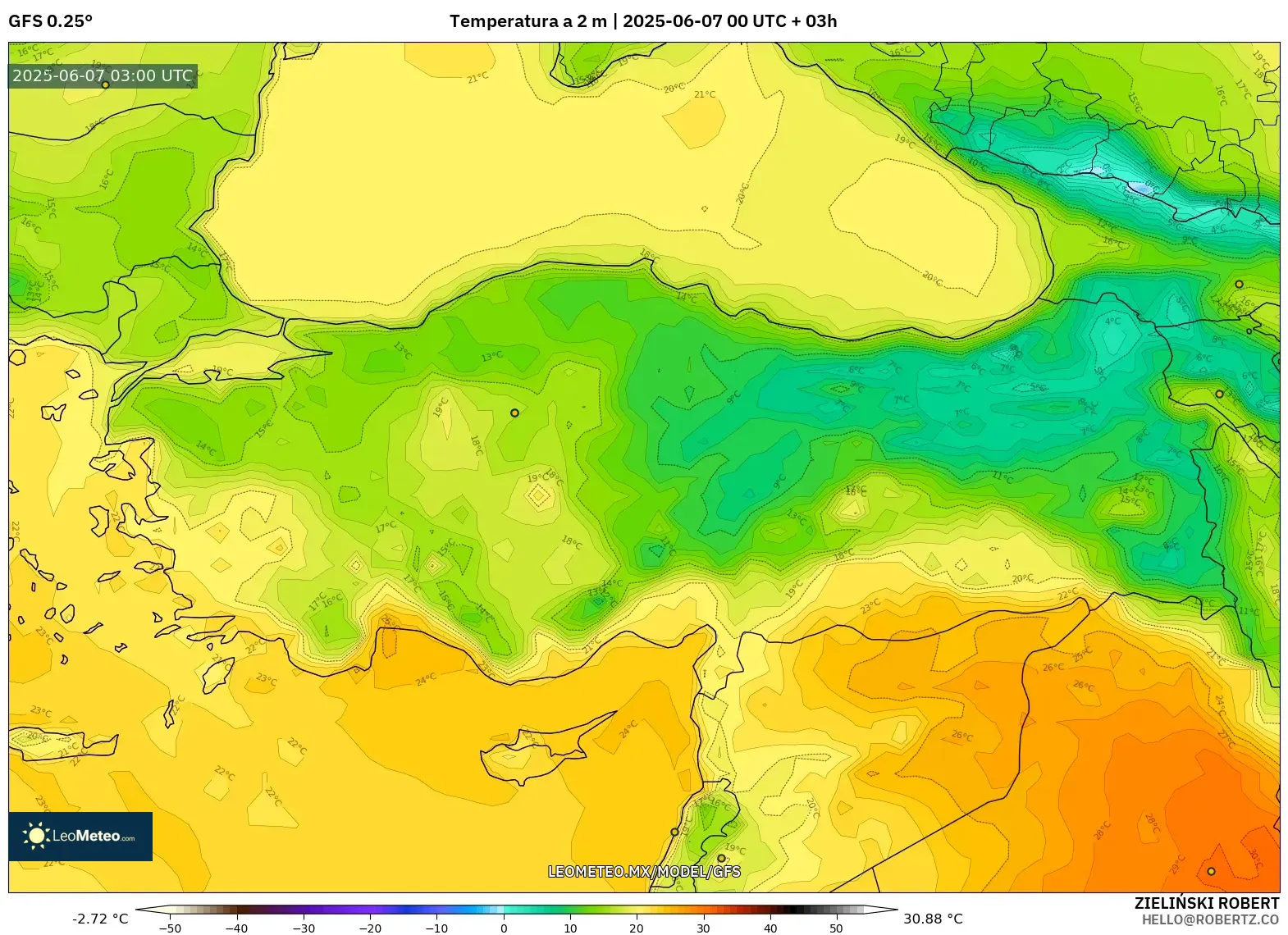 GFS model - Turquía, Temperatura a 2 m GFS model - Turquía, Temperatura a 2 m