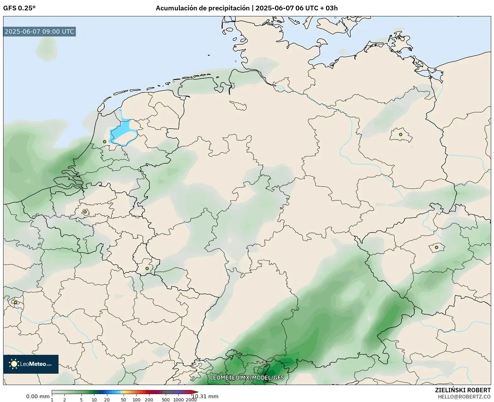 GFS model - Alemania, Acumulación de precipitación GFS model - Alemania, Acumulación de precipitación
