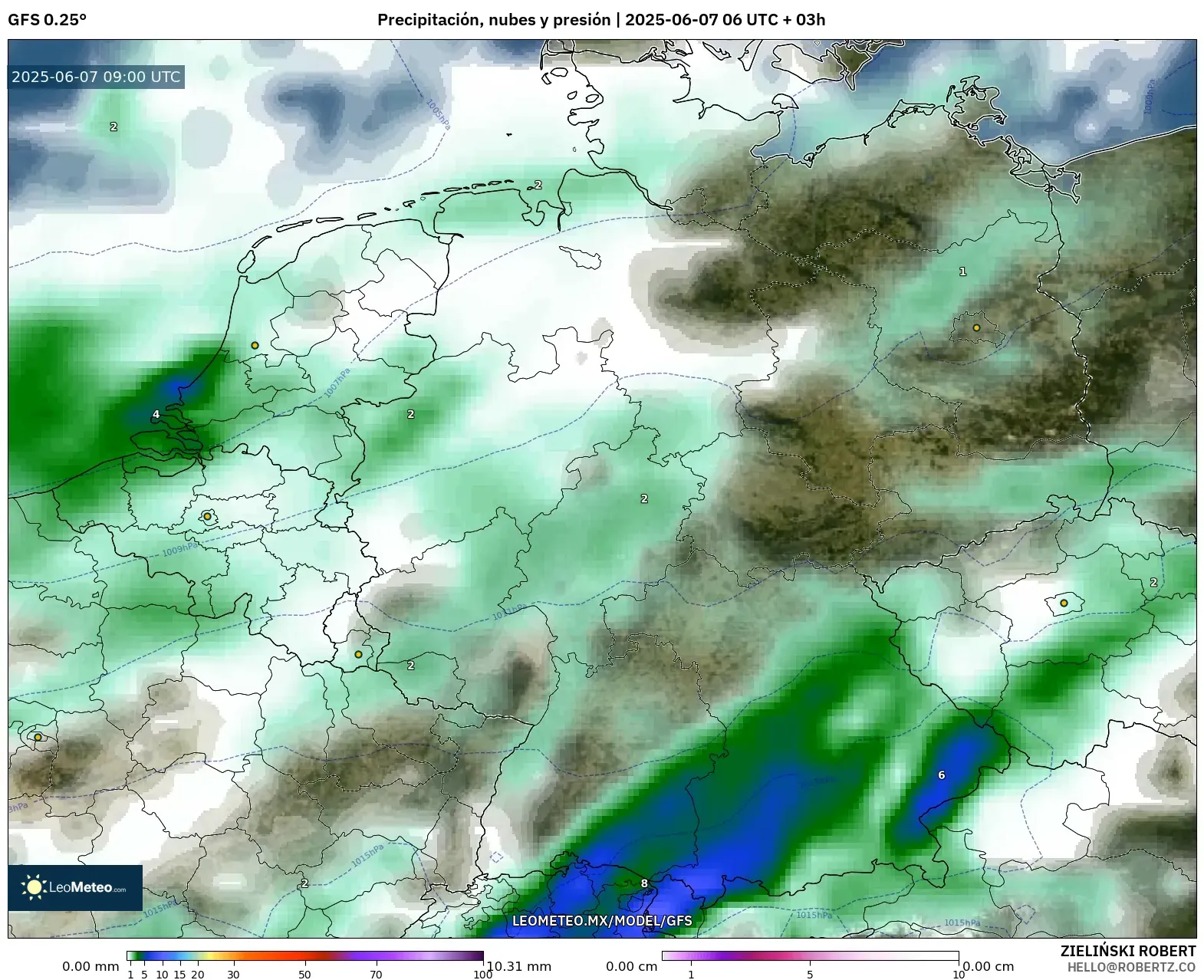 GFS model - Alemania, Precipitación, nubes y presión