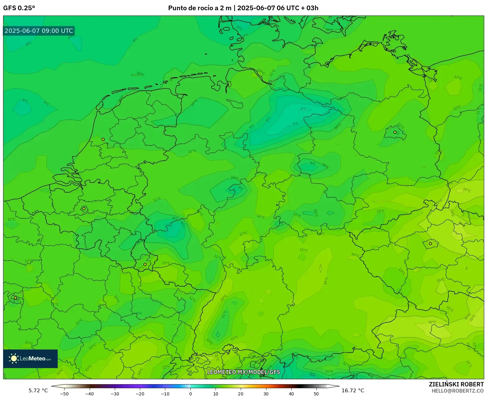 GFS model - Alemania, Punto de rocío a 2 m GFS model - Alemania, Punto de rocío a 2 m