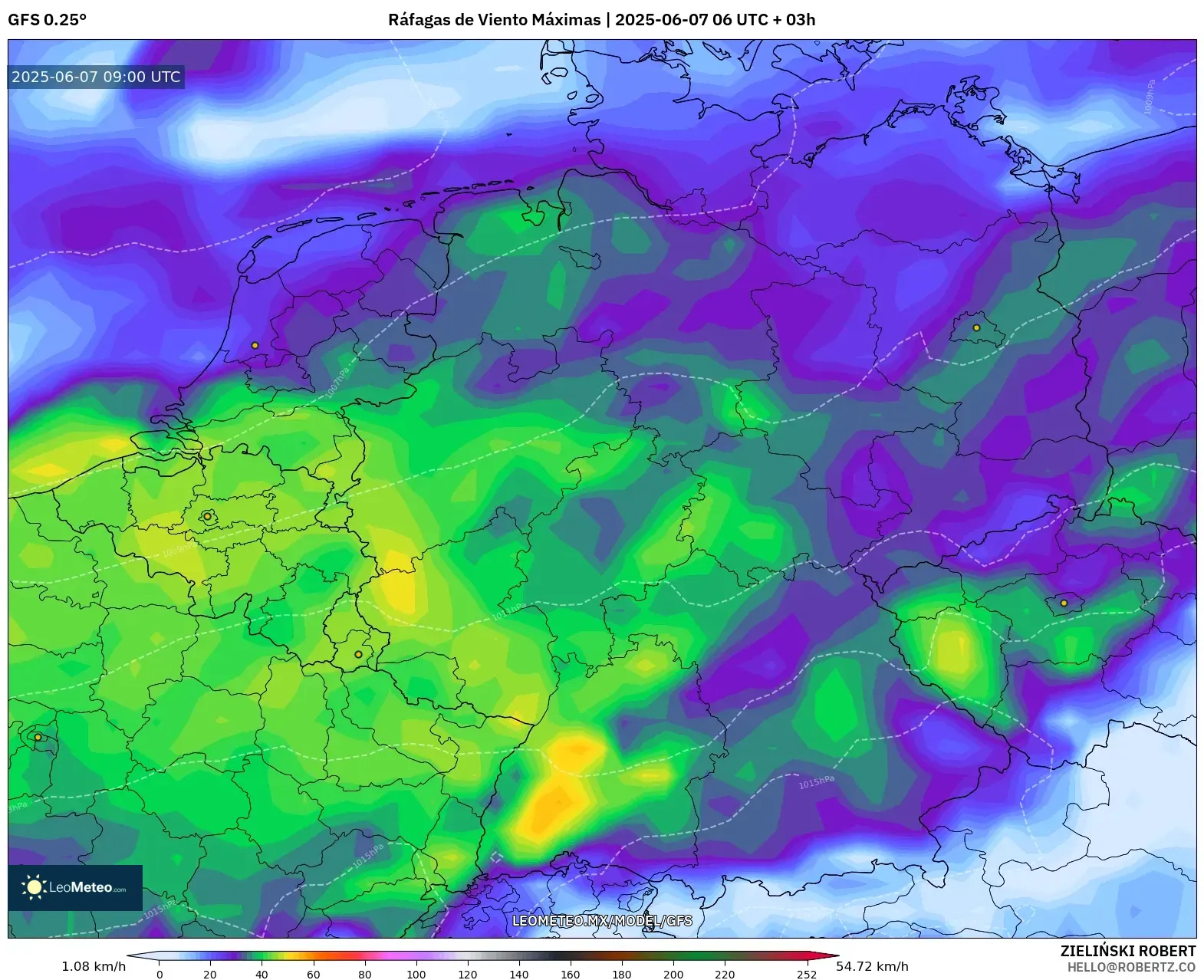GFS model - Alemania, Ráfagas de Viento Máximas GFS model - Alemania, Ráfagas de Viento Máximas