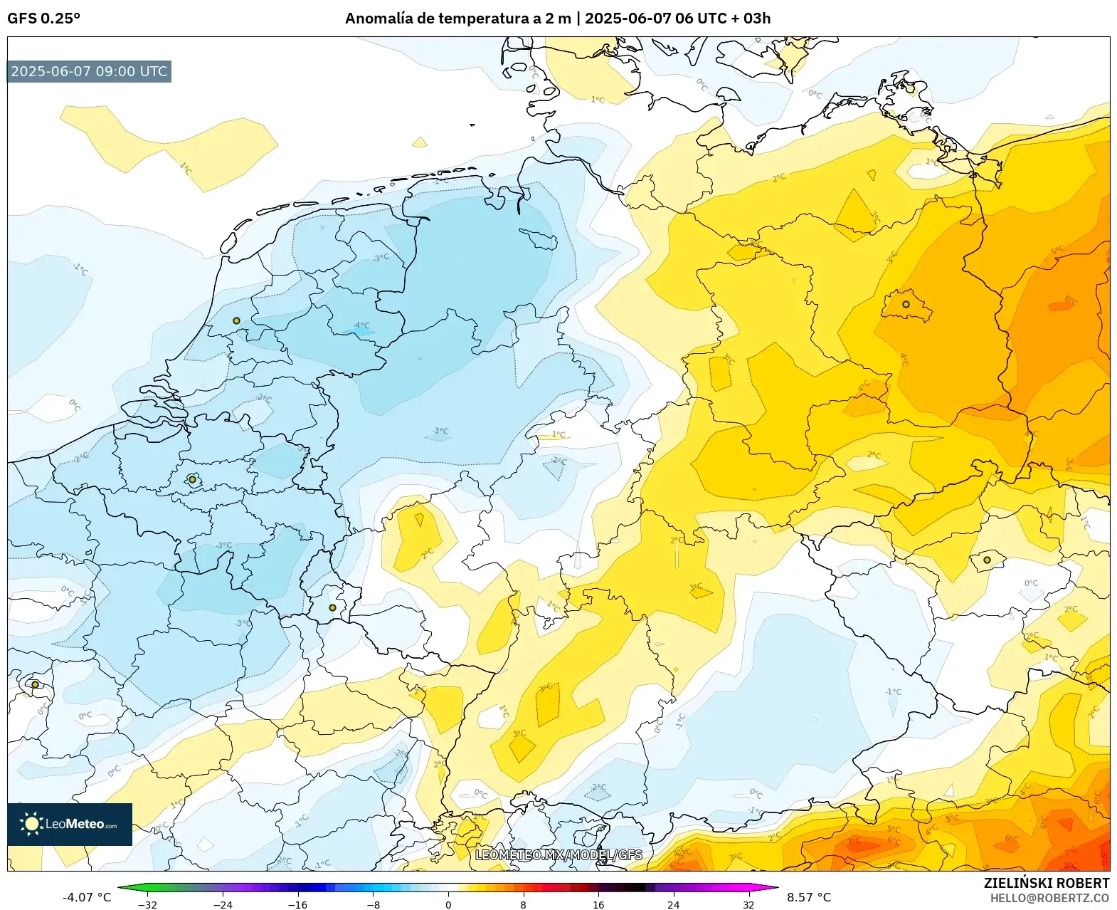 GFS model - Alemania, Anomalía de temperatura a 2 m GFS model - Alemania, Anomalía de temperatura a 2 m