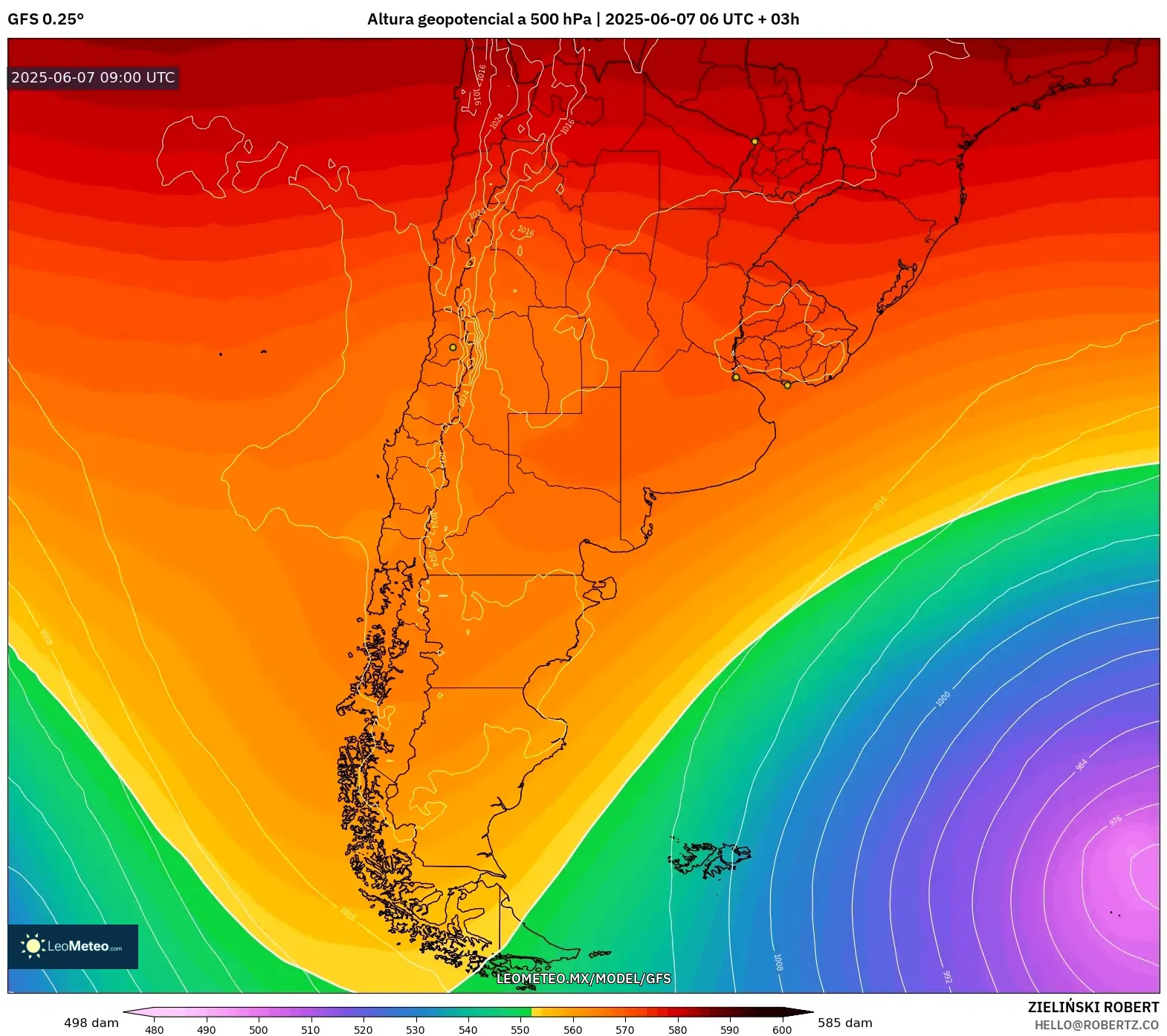 GFS model - Argentina, Altura geopotencial a 500 hPa GFS model - Argentina, Altura geopotencial a 500 hPa