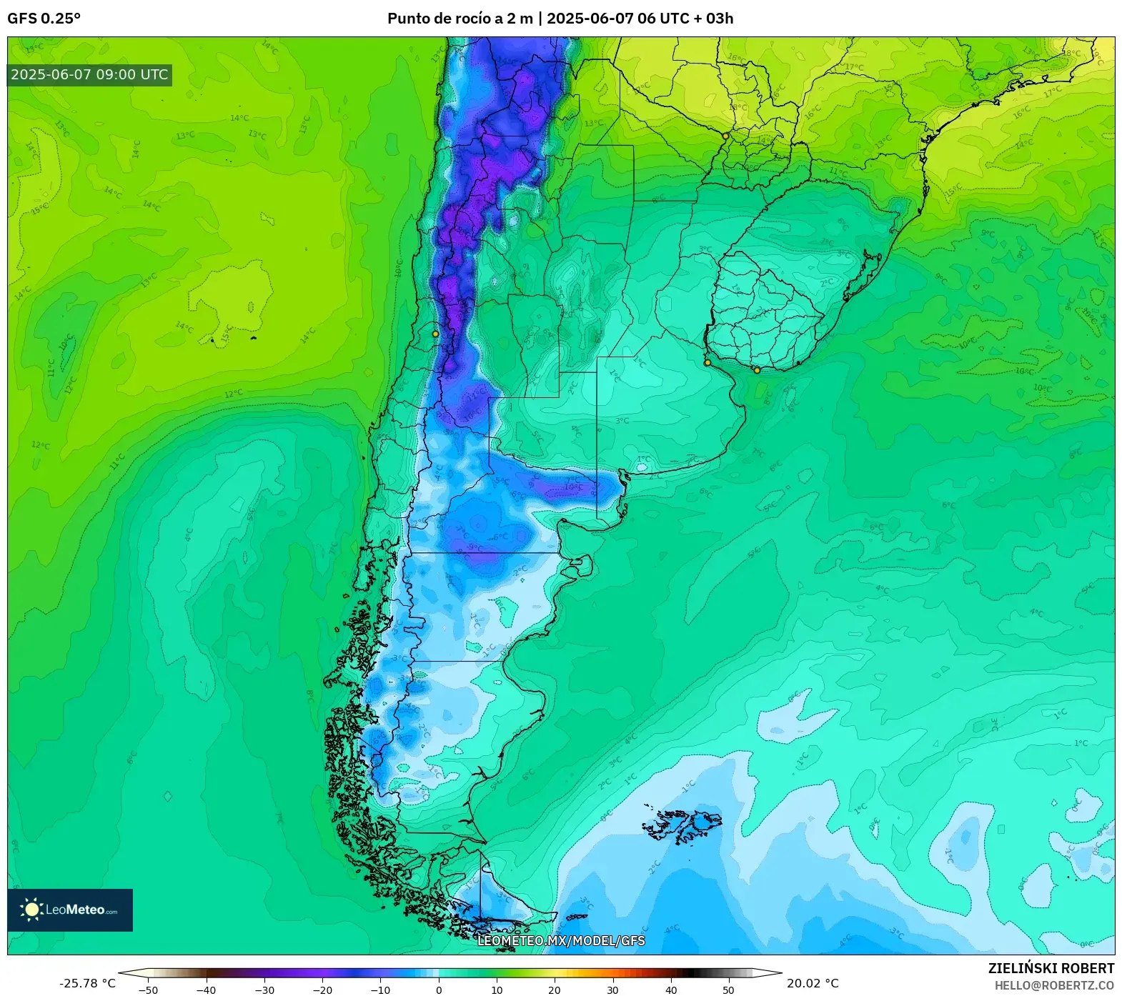 GFS model - Argentina, Punto de rocío a 2 m GFS model - Argentina, Punto de rocío a 2 m