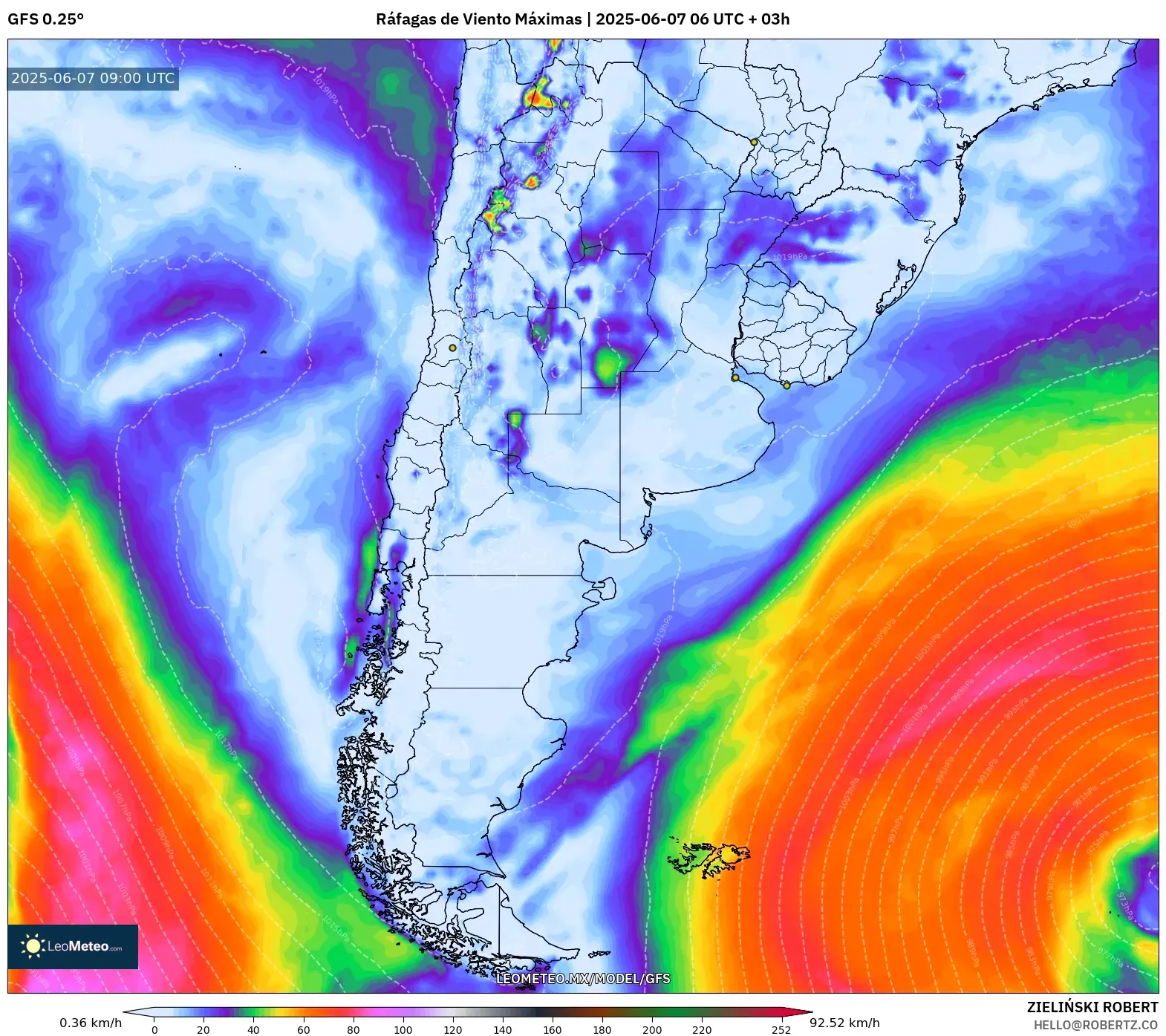 GFS model - Argentina, Ráfagas de Viento Máximas GFS model - Argentina, Ráfagas de Viento Máximas