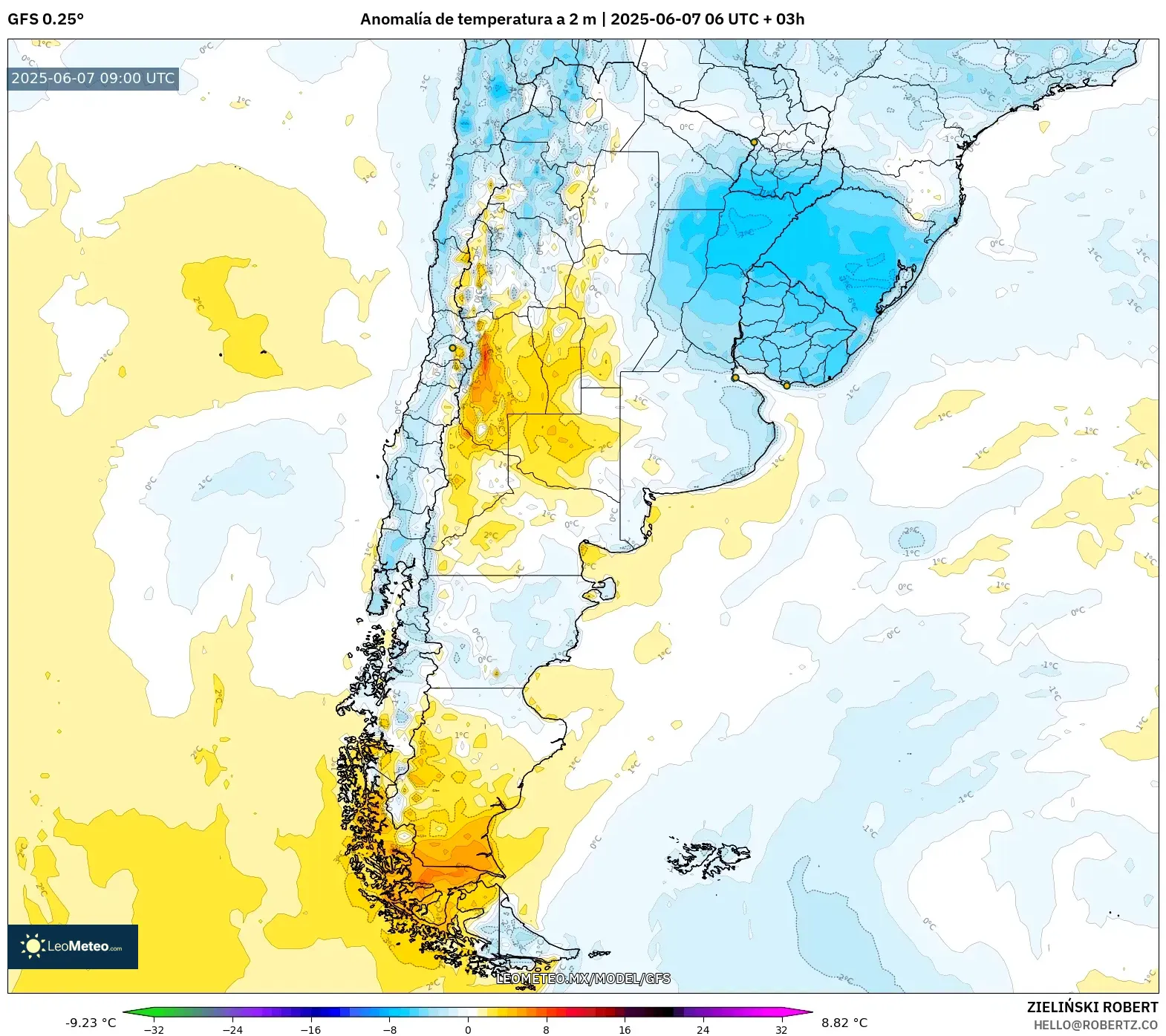 GFS model - Argentina, Anomalía de temperatura a 2 m GFS model - Argentina, Anomalía de temperatura a 2 m