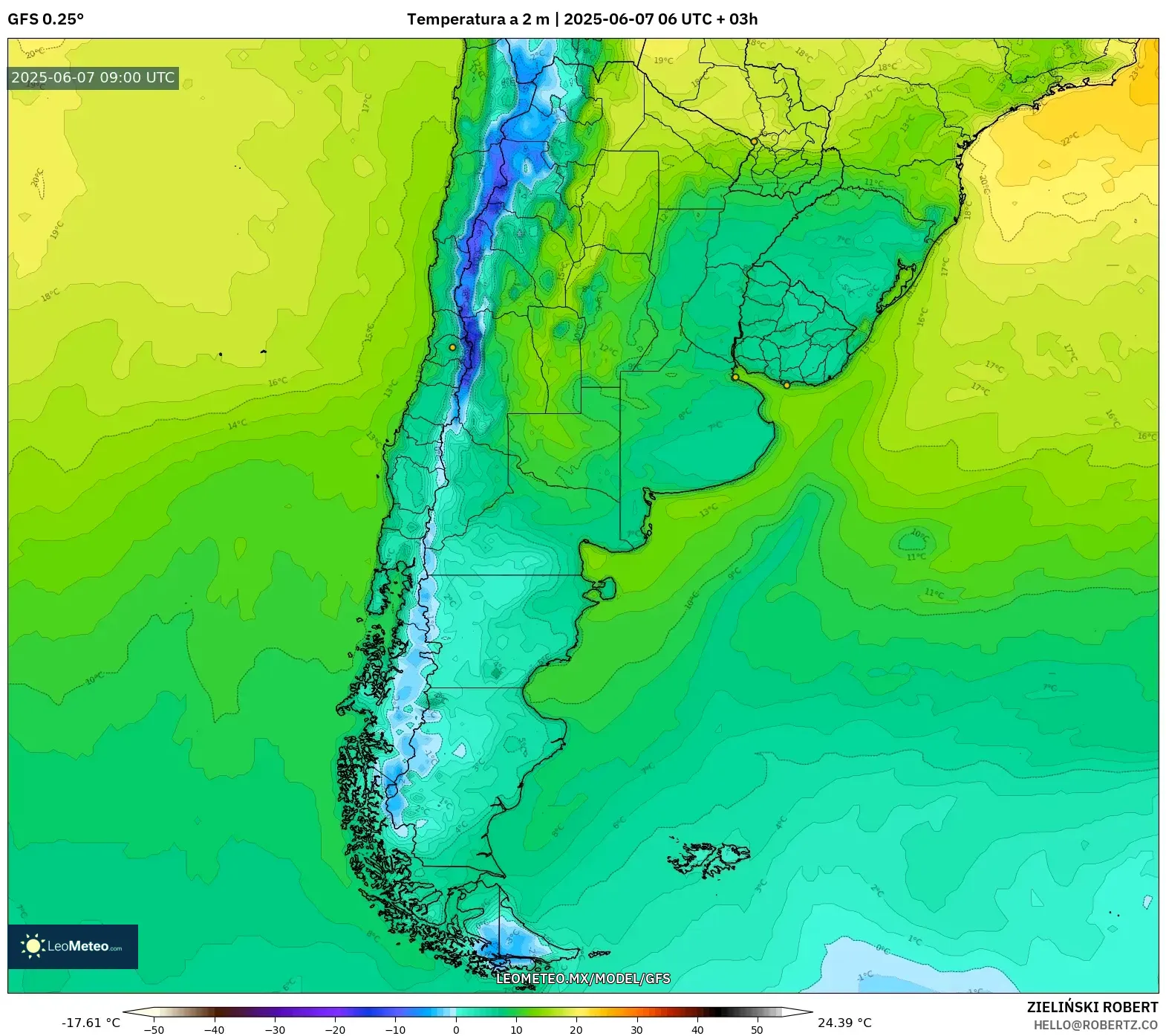 GFS model - Argentina, Temperatura a 2 m GFS model - Argentina, Temperatura a 2 m