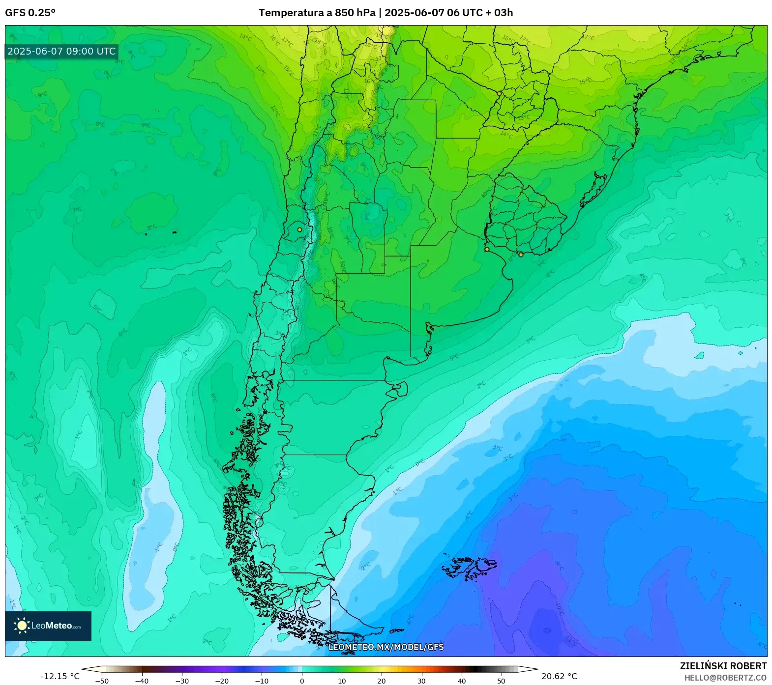 GFS model - Argentina, Temperatura a 850 hPa