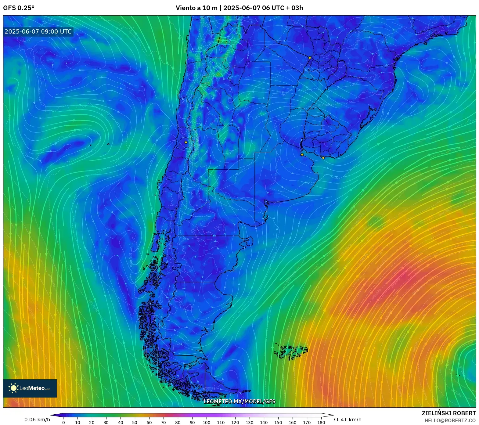 GFS model - Argentina, Viento a 10 m GFS model - Argentina, Viento a 10 m