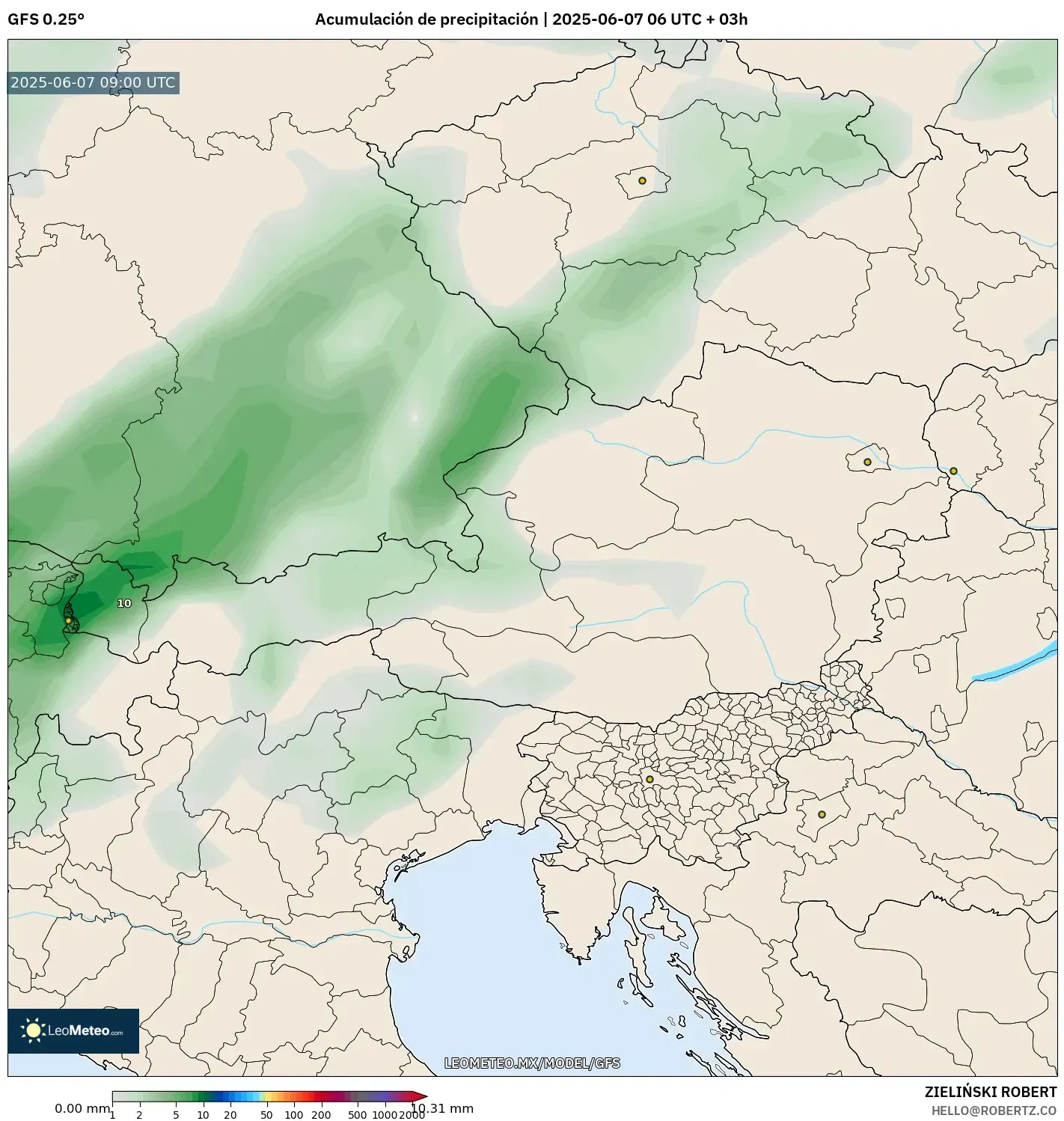 GFS model - Austria, Acumulación de precipitación GFS model - Austria, Acumulación de precipitación