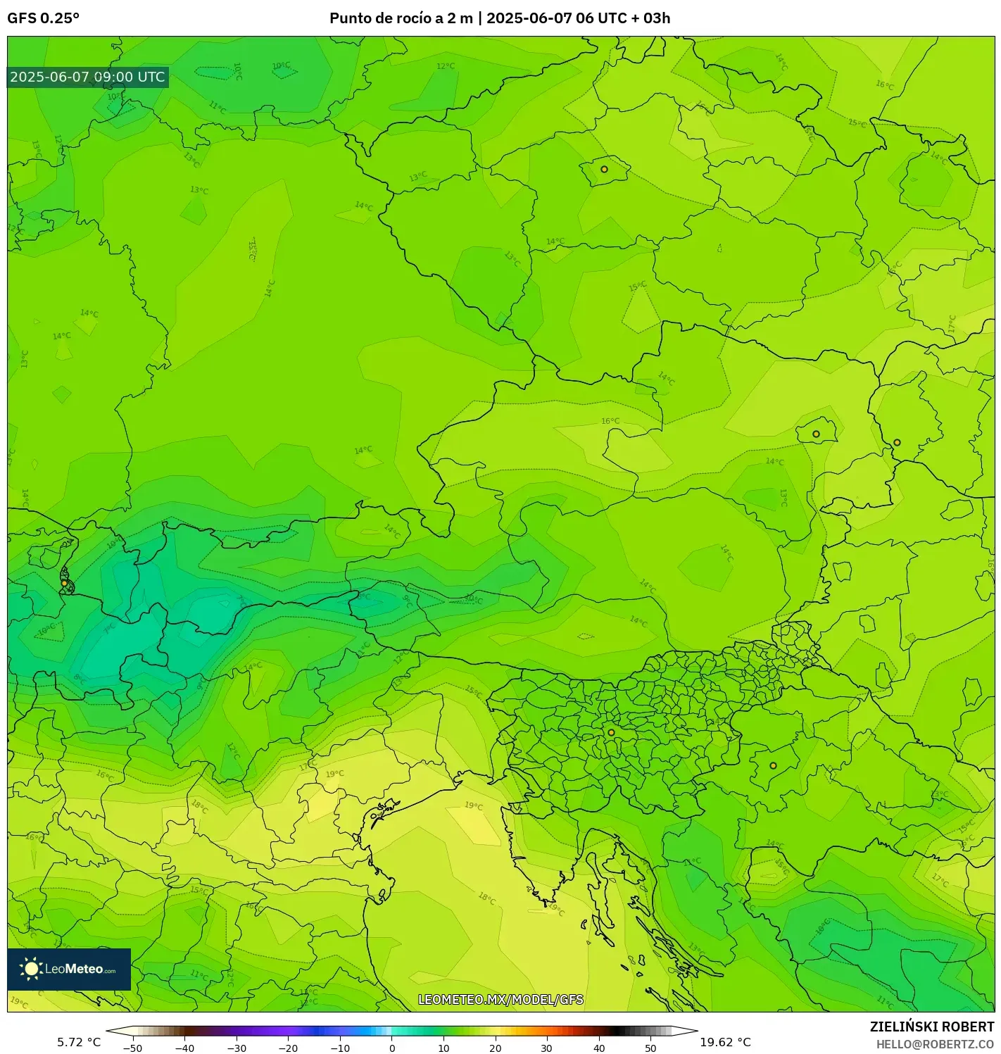 GFS model - Austria, Punto de rocío a 2 m GFS model - Austria, Punto de rocío a 2 m