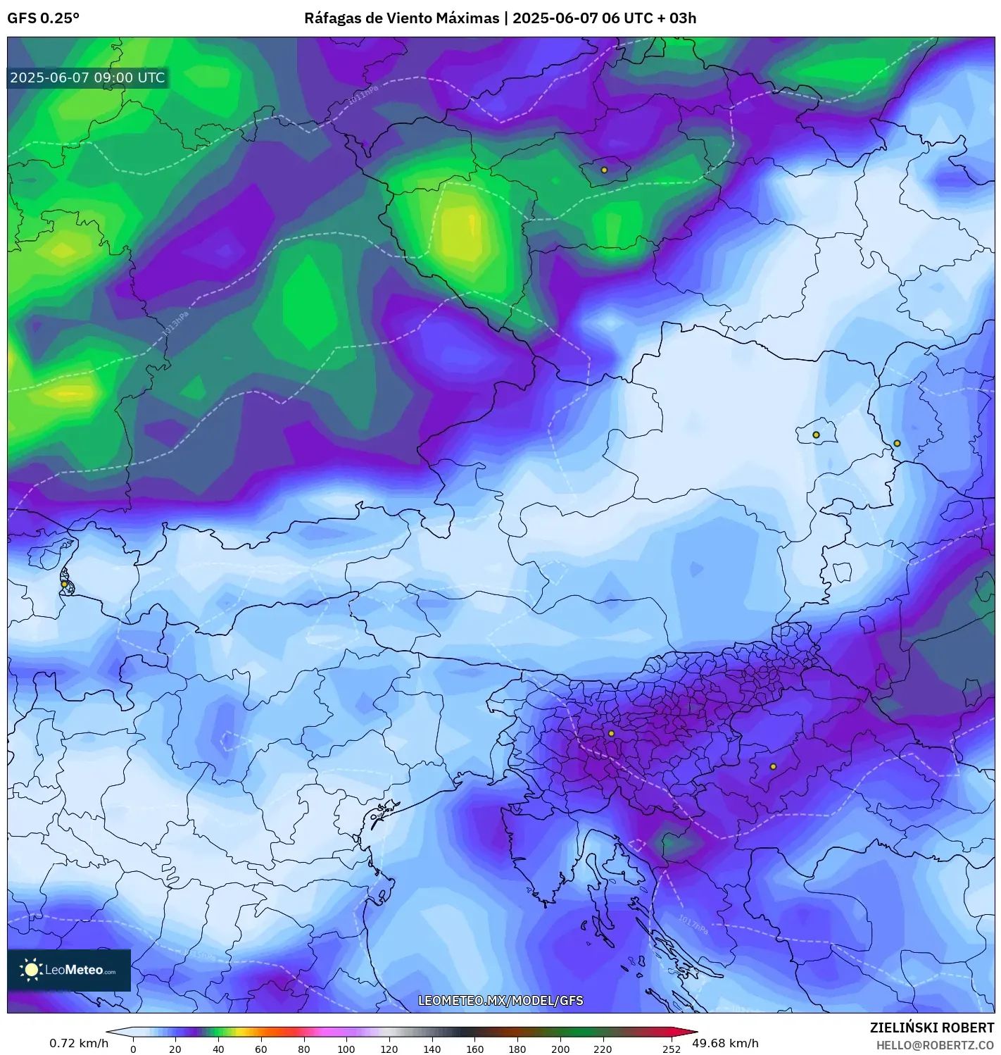 GFS model - Austria, Ráfagas de Viento Máximas GFS model - Austria, Ráfagas de Viento Máximas