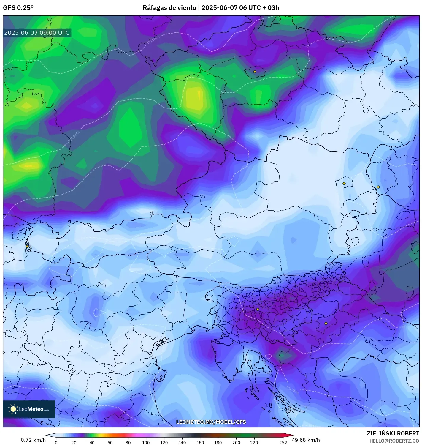 GFS model - Austria, Ráfagas de viento GFS model - Austria, Ráfagas de viento
