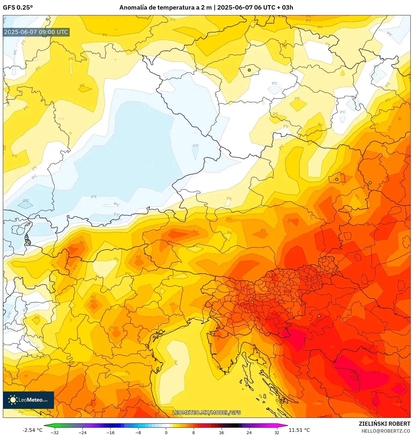 GFS model - Austria, Anomalía de temperatura a 2 m