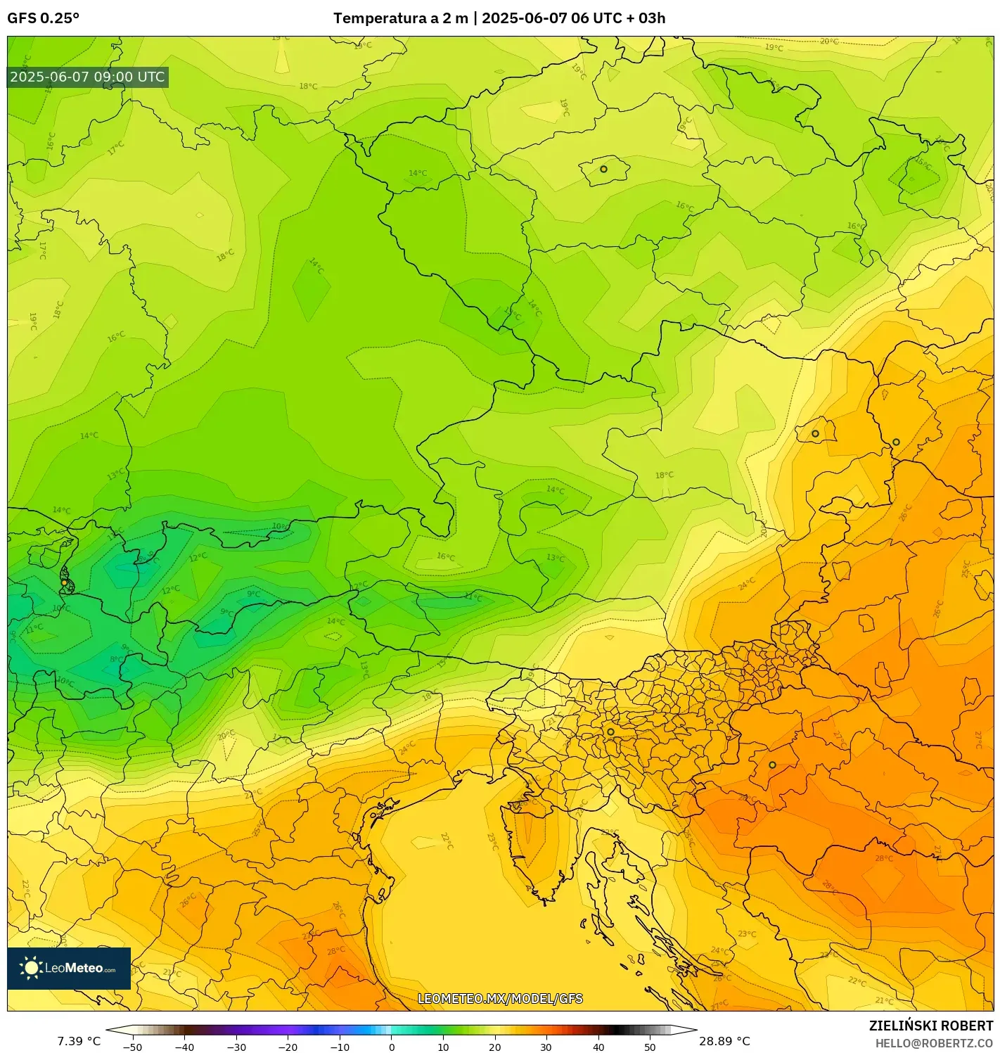 GFS model - Austria, Temperatura a 2 m GFS model - Austria, Temperatura a 2 m