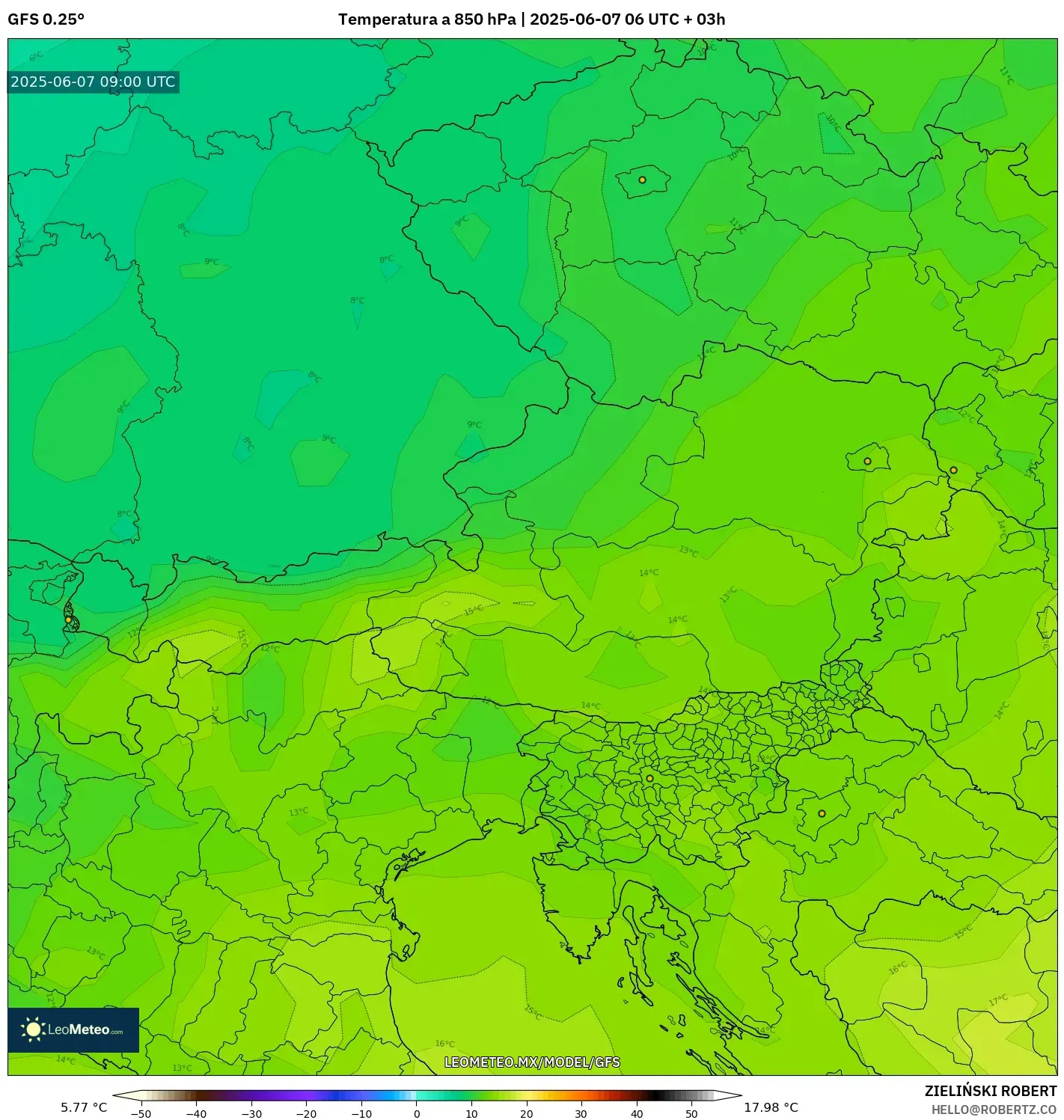 GFS model - Austria, Temperatura a 850 hPa GFS model - Austria, Temperatura a 850 hPa