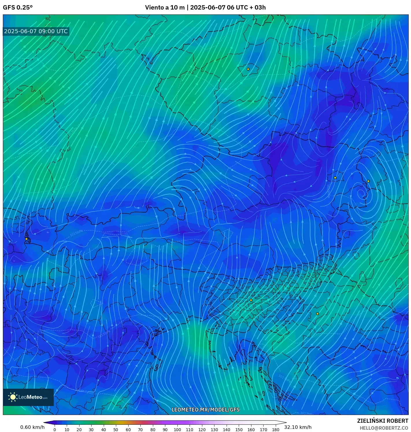 GFS model - Austria, Viento a 10 m