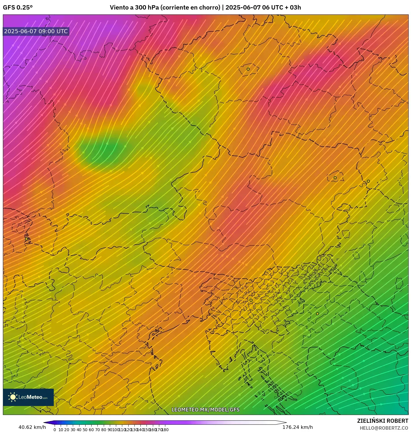 GFS model - Austria, Viento a 300 hPa (corriente en chorro)