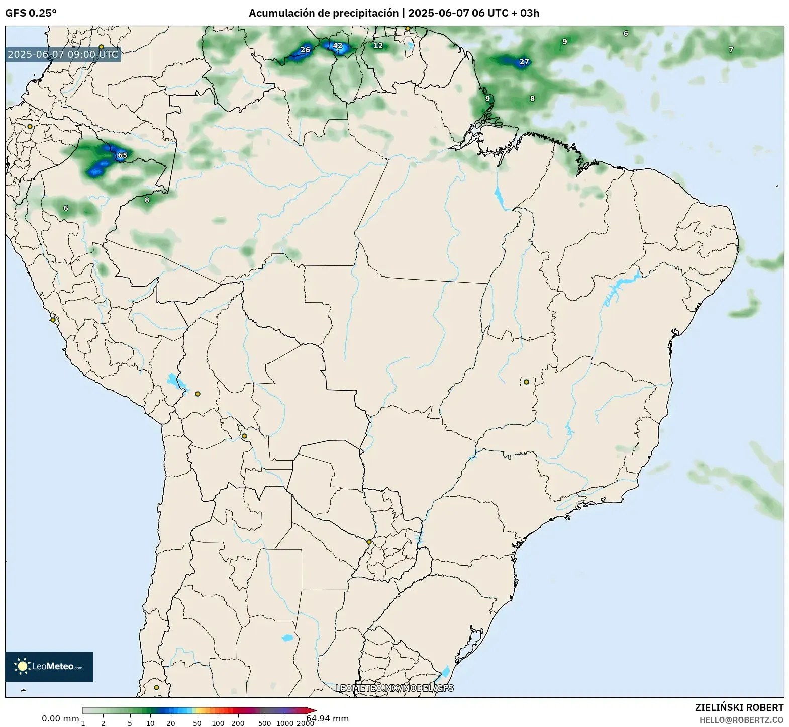 GFS model - Brasil, Acumulación de precipitación GFS model - Brasil, Acumulación de precipitación