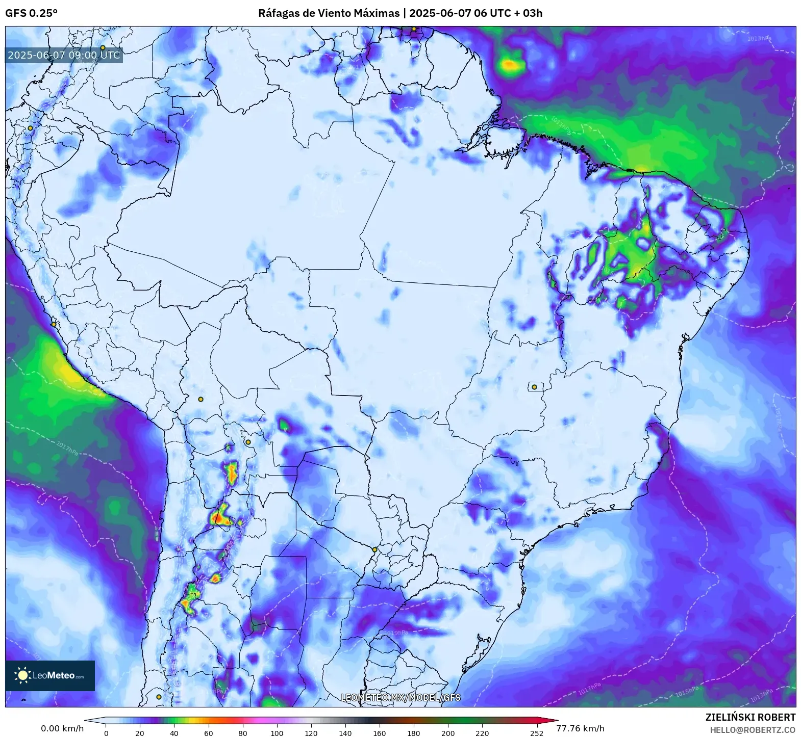 GFS model - Brasil, Ráfagas de Viento Máximas GFS model - Brasil, Ráfagas de Viento Máximas