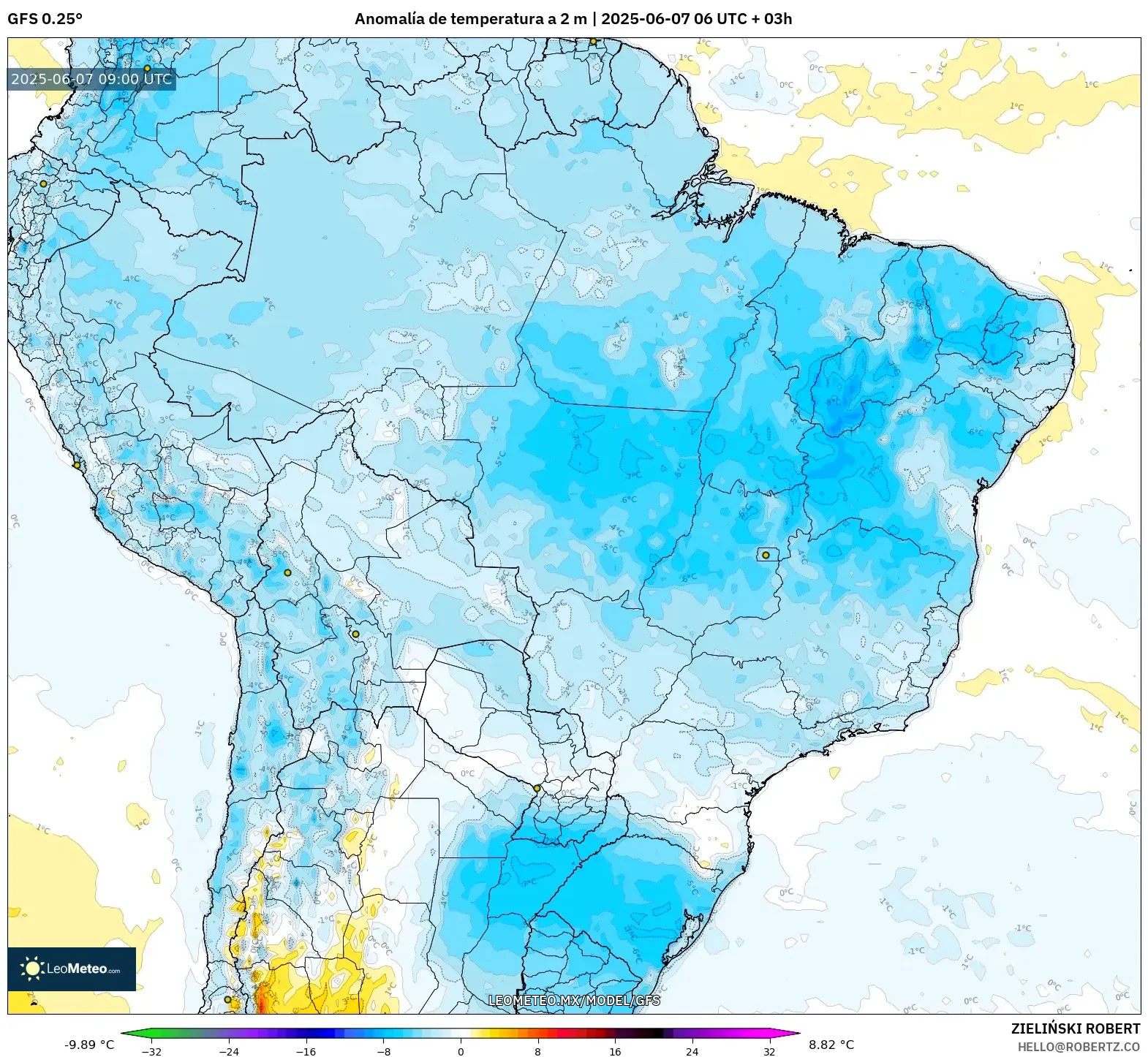 GFS model - Brasil, Anomalía de temperatura a 2 m